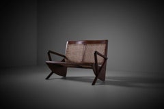Mid Century Modern Cane and Mahogany Wooden Sofa, France, 1950s