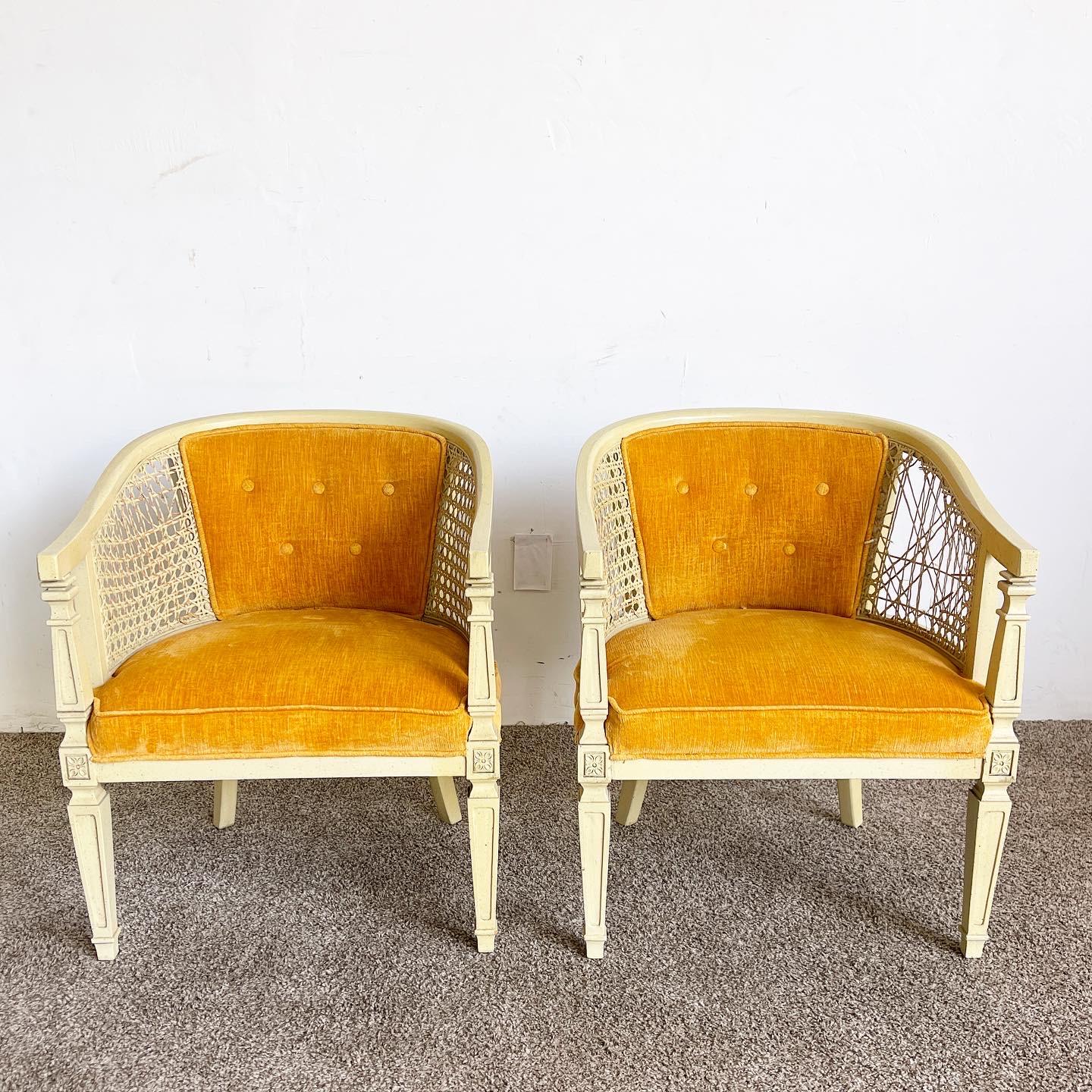 Mid Century Modern Cane and Orange Tufted Arm Chairs - a Pair For Sale at 1stDibs