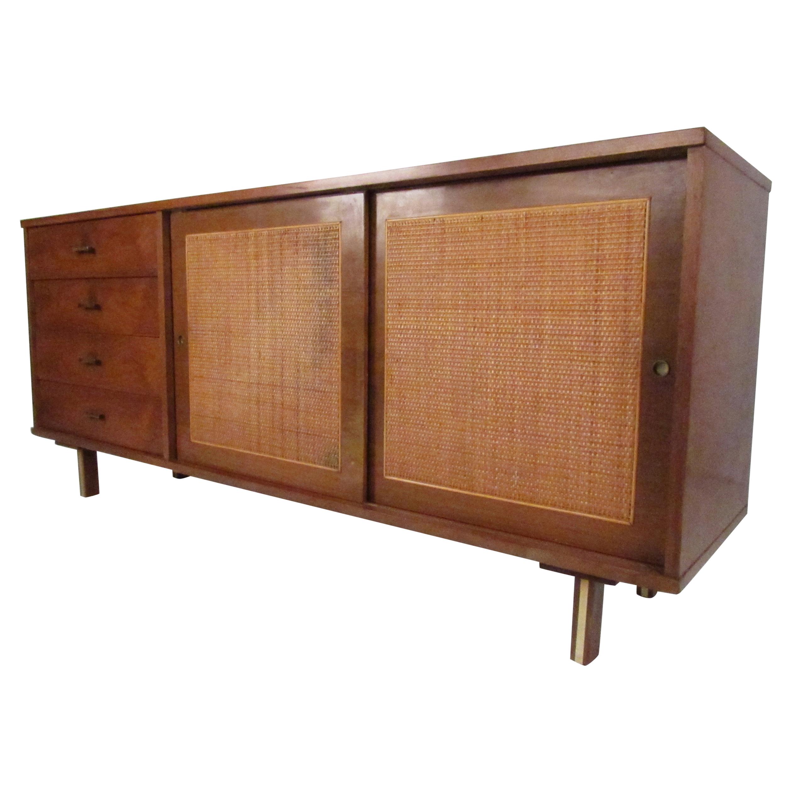 Mid-Century Modern Cane and Walnut Credenza