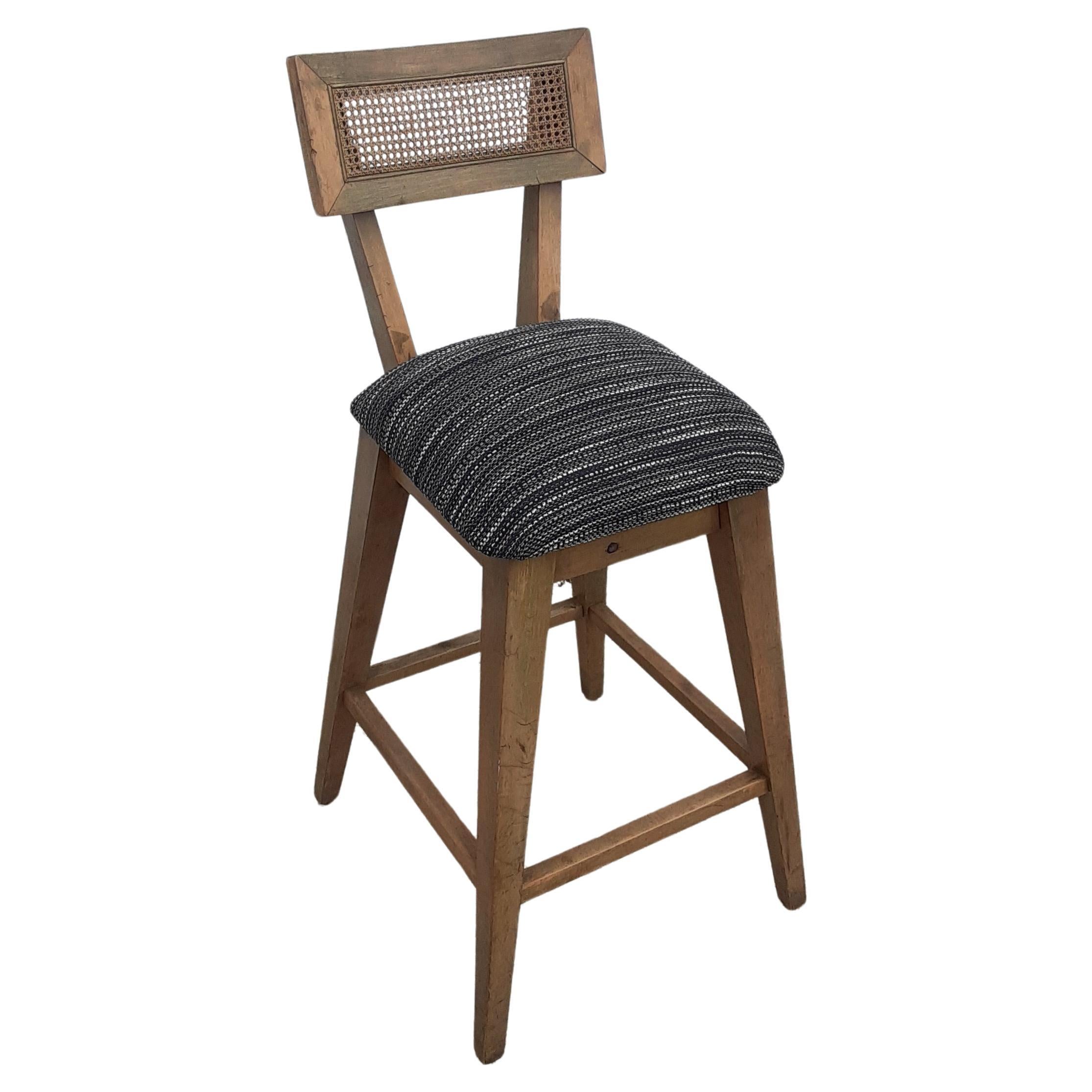 Mid-Century Modern Cane Back Barstool with Upholstered Seat For Sale