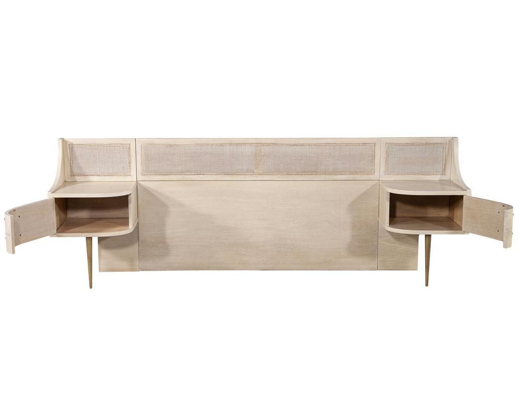 Mid-Century Modern cane back queen headboard by Weiman in bleached washed natural finish. Stunning Mid-Century Modern design by Weiman, America circa 1960’s. This queen-sized headboard features beautiful cane back detail work with built in