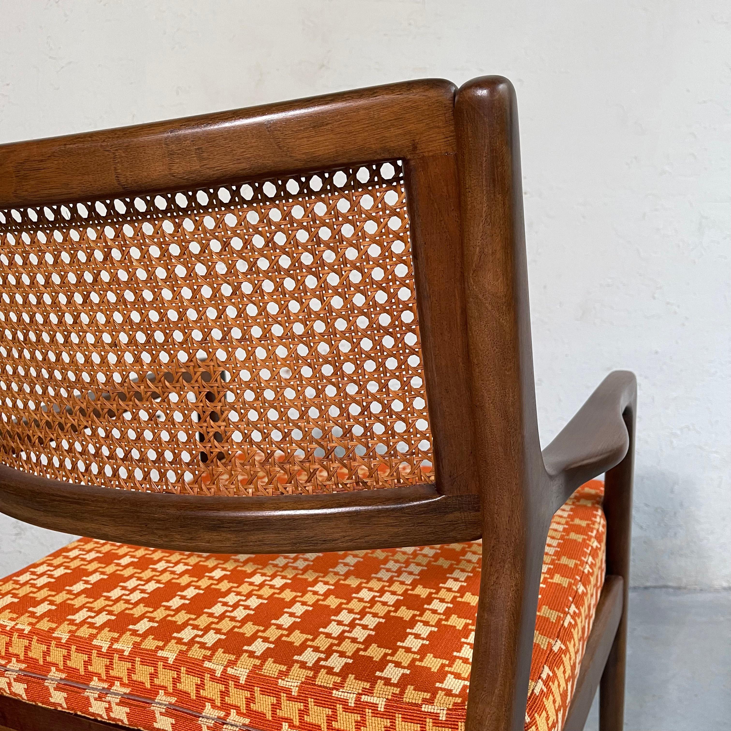 Fabric Mid-Century Modern Cane Back Walnut Armchair For Sale
