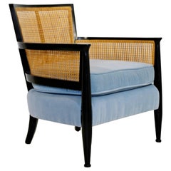 Mid-Century Modern Cane Ebonized Black Wood Lounge Armchair Dunbar Baker Style