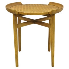 Mid-Century Modern Cane Top Sculpted Wood Stretcher Snack Side Table