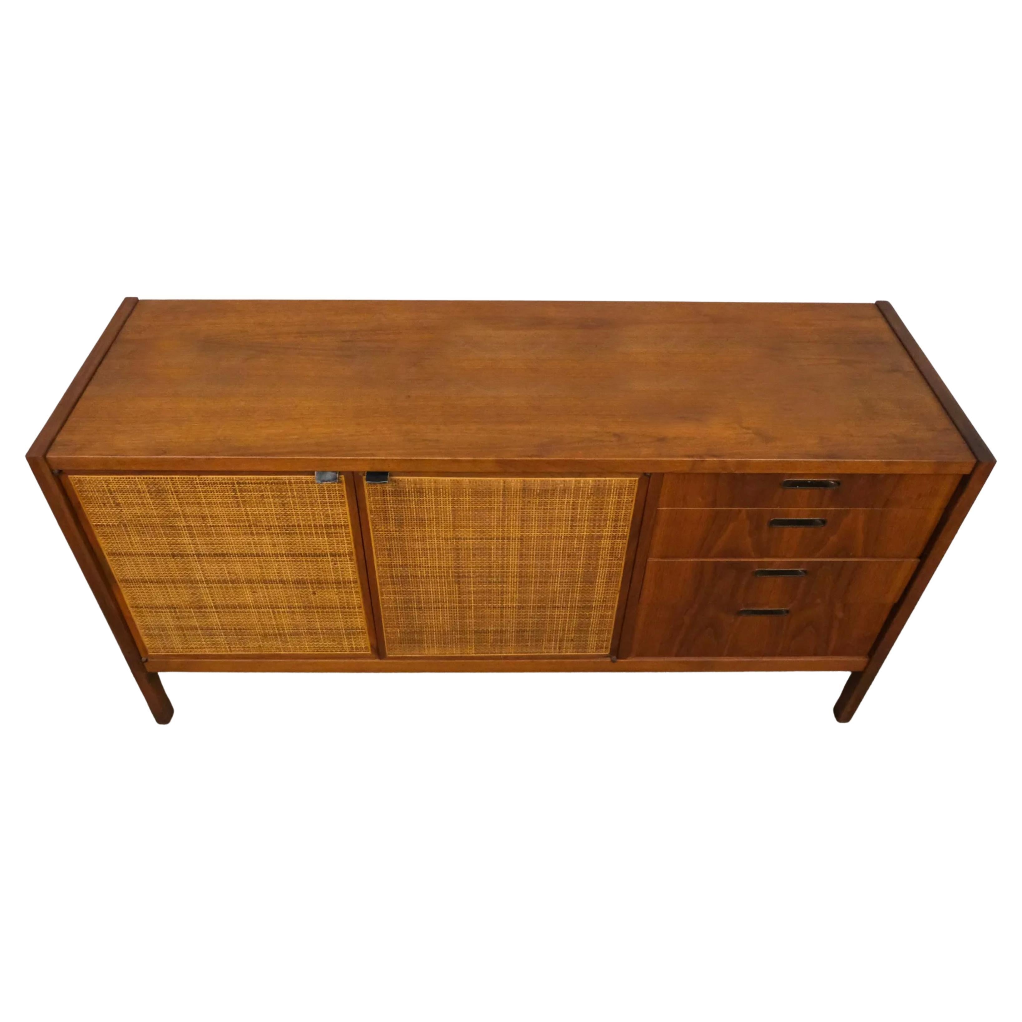 Mid-Century Modern Mid century modern cane walnut credenza sideboard 4 drawer 2 door For Sale
