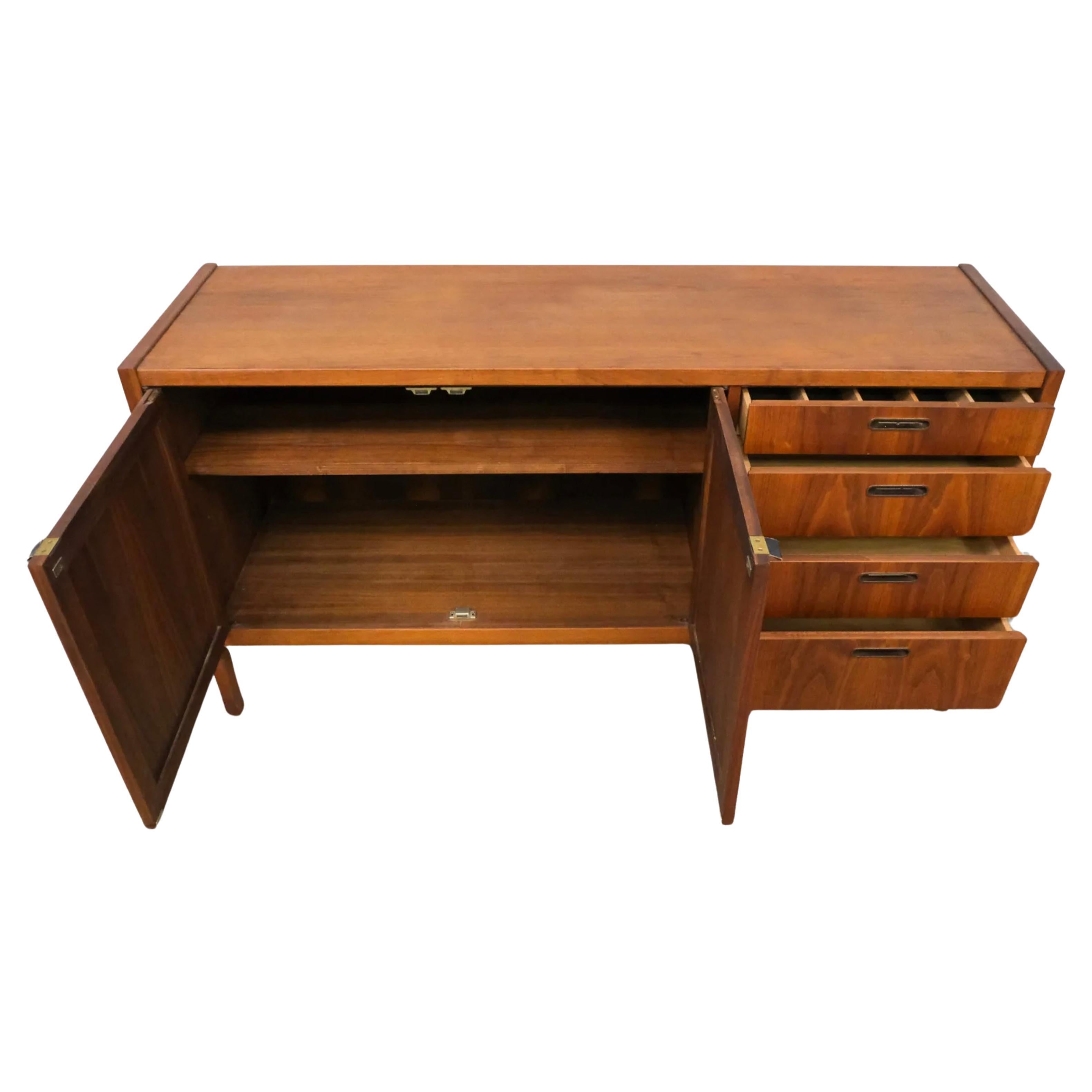 American Mid century modern cane walnut credenza sideboard 4 drawer 2 door For Sale