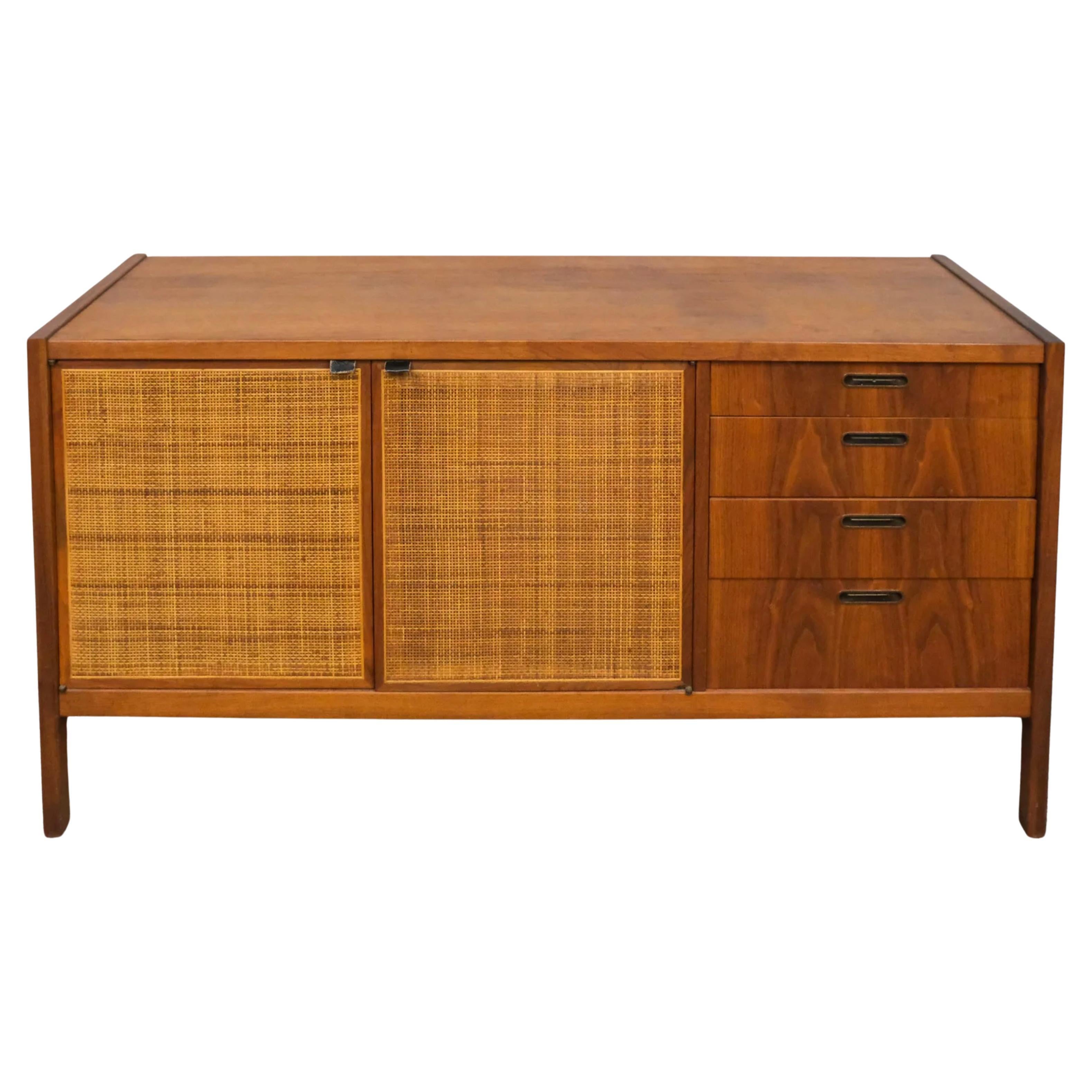 Mid century modern cane walnut credenza sideboard 4 drawer 2 door
