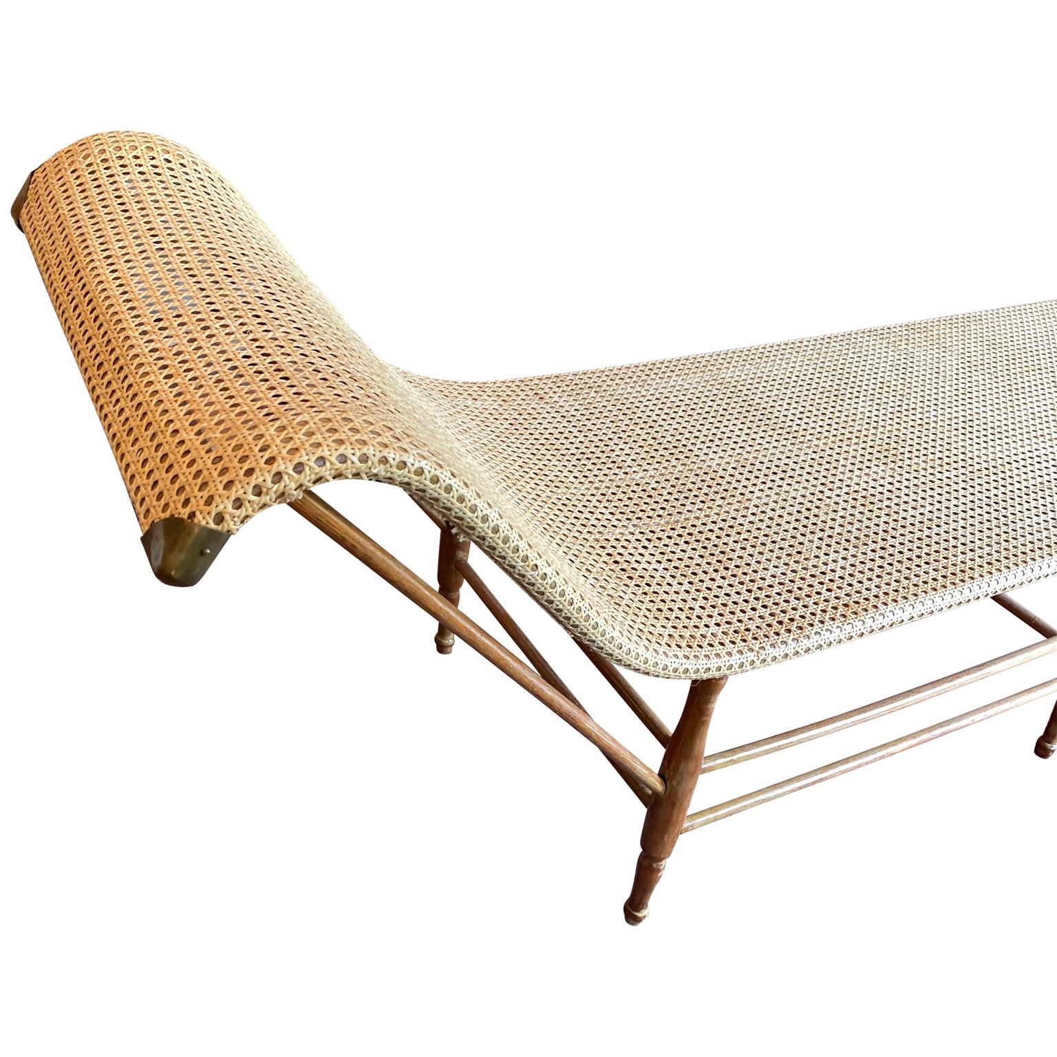 American Mid-Century Modern Caned Chaise Lounge with Brass Hardware