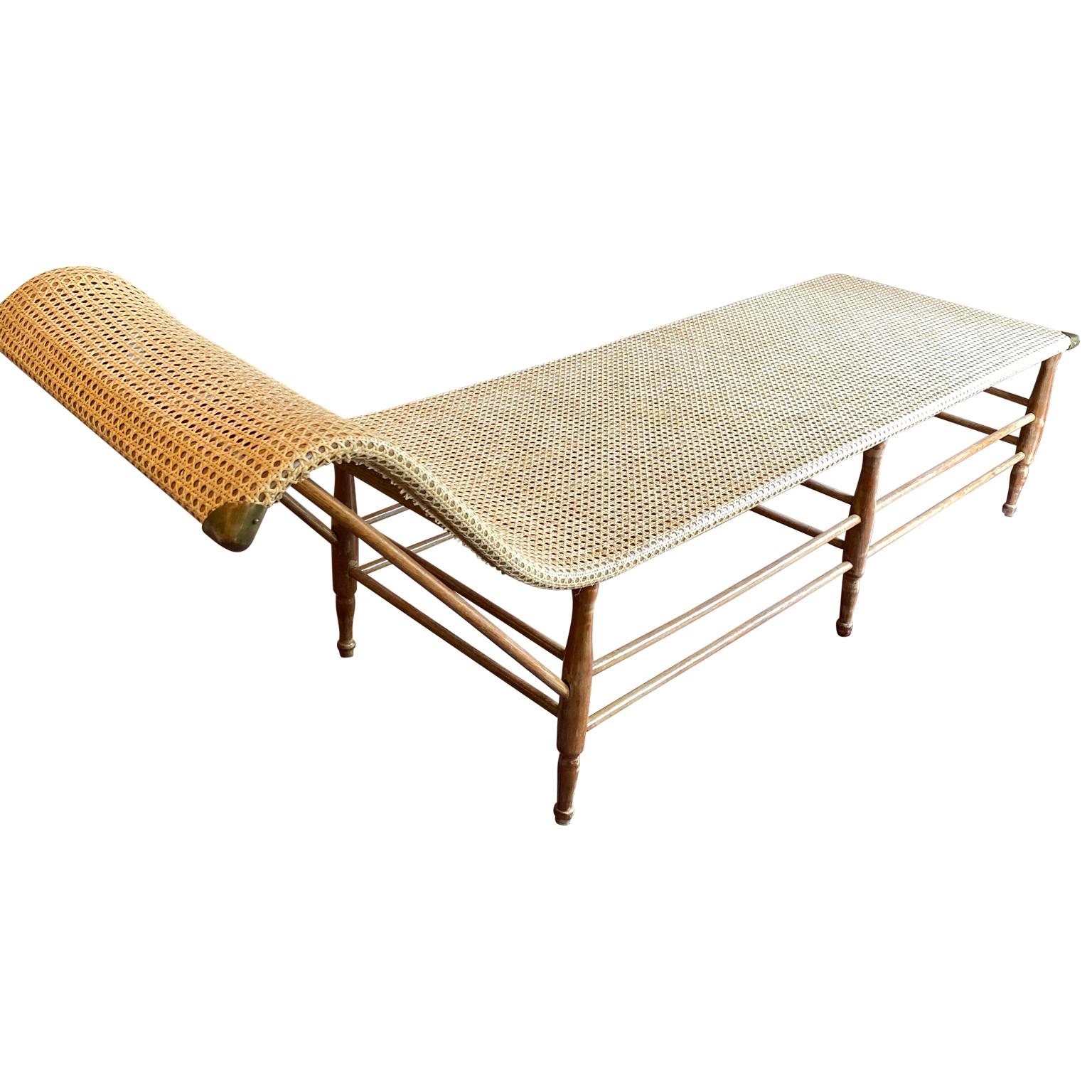 Hand-Crafted Mid-Century Modern Caned Chaise Lounge with Brass Hardware