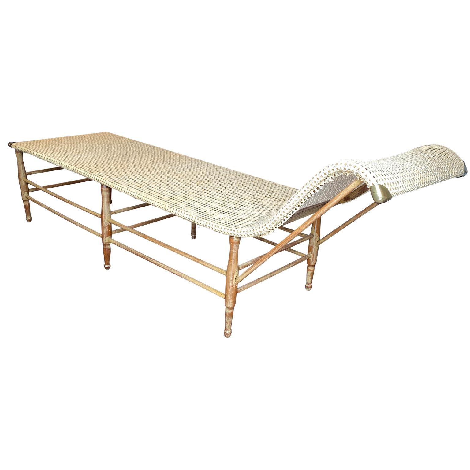 Mid-Century Modern Caned Chaise Lounge with Brass Hardware In Good Condition In Haddonfield, NJ