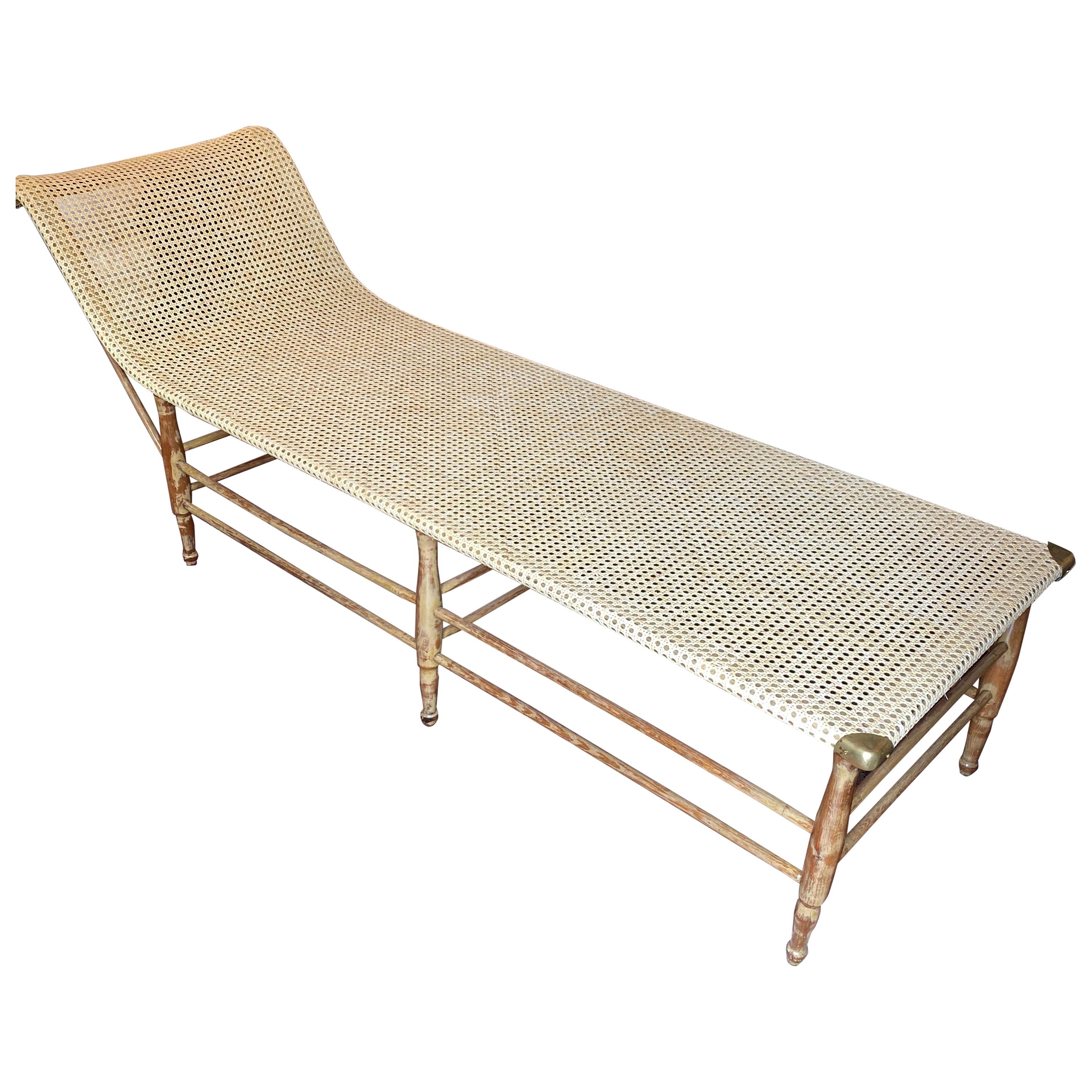 Mid-Century Modern Caned Chaise Lounge with Brass Hardware