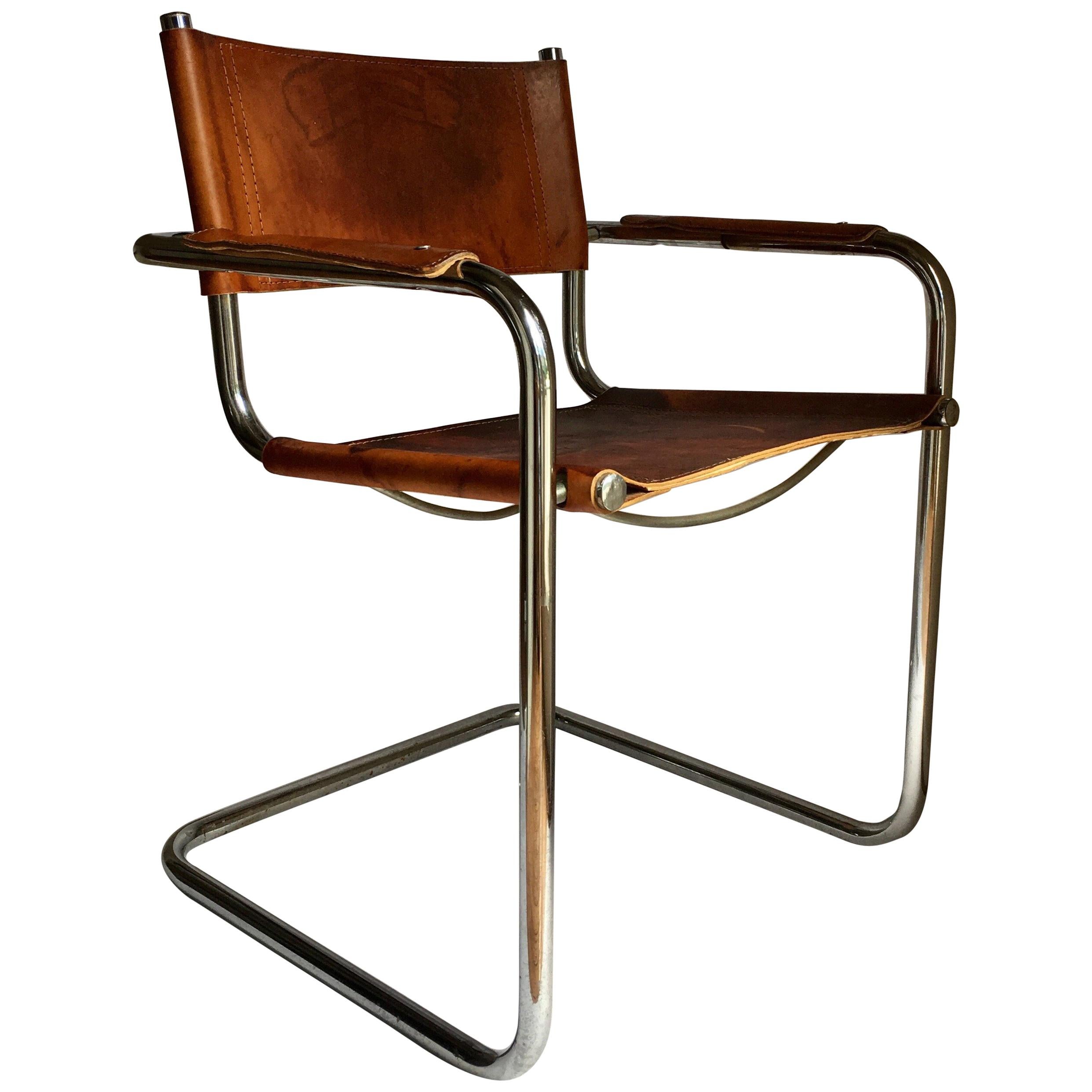 Mid-Century Modern Cantilevered Chrome and Cognac Leather Sling Armchair
