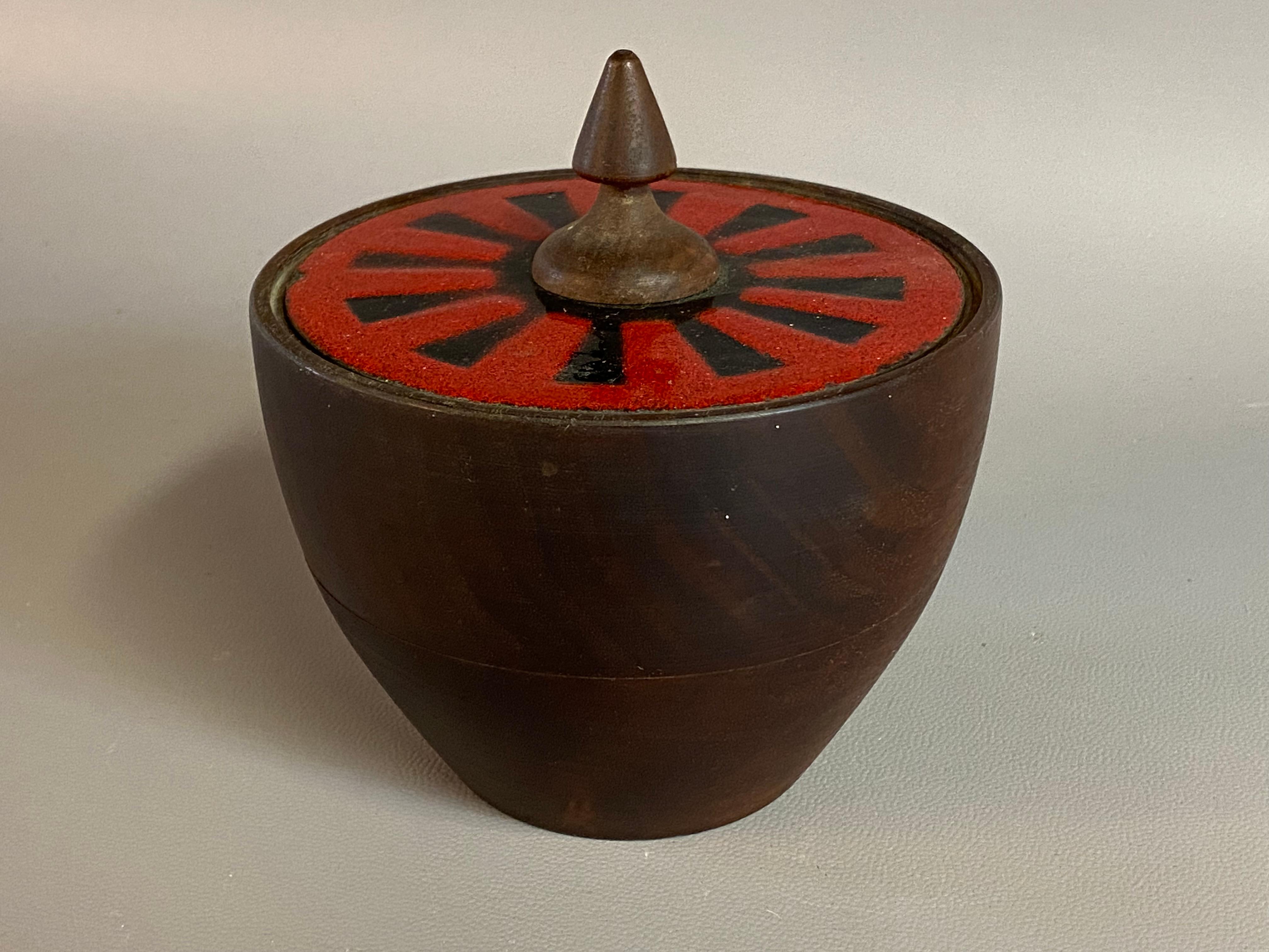 American Mid Century Modern Capital Enterprises Turned Walnut and Enameled Covered Vessel For Sale