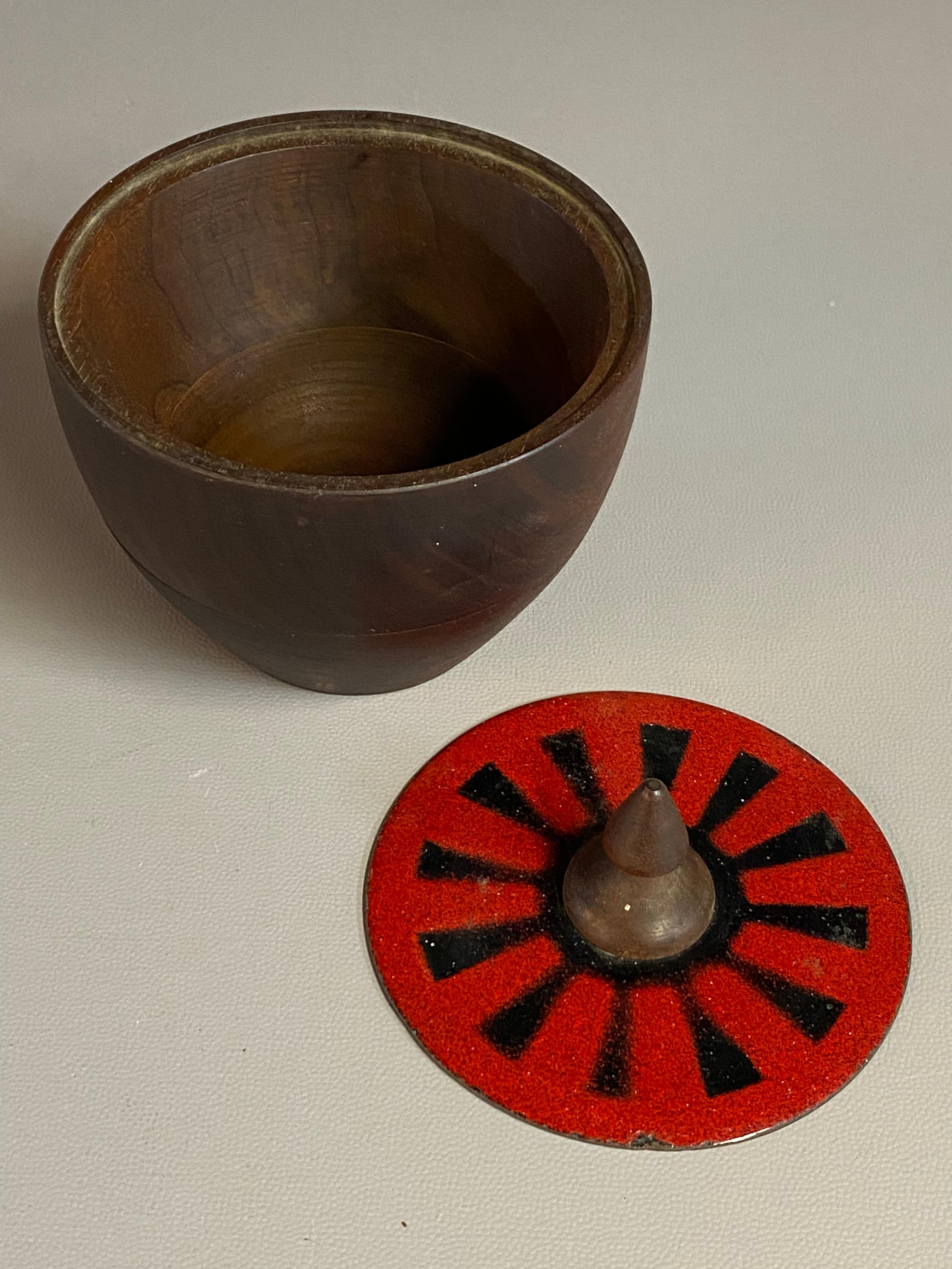 Mid-20th Century Mid Century Modern Capital Enterprises Turned Walnut and Enameled Covered Vessel For Sale