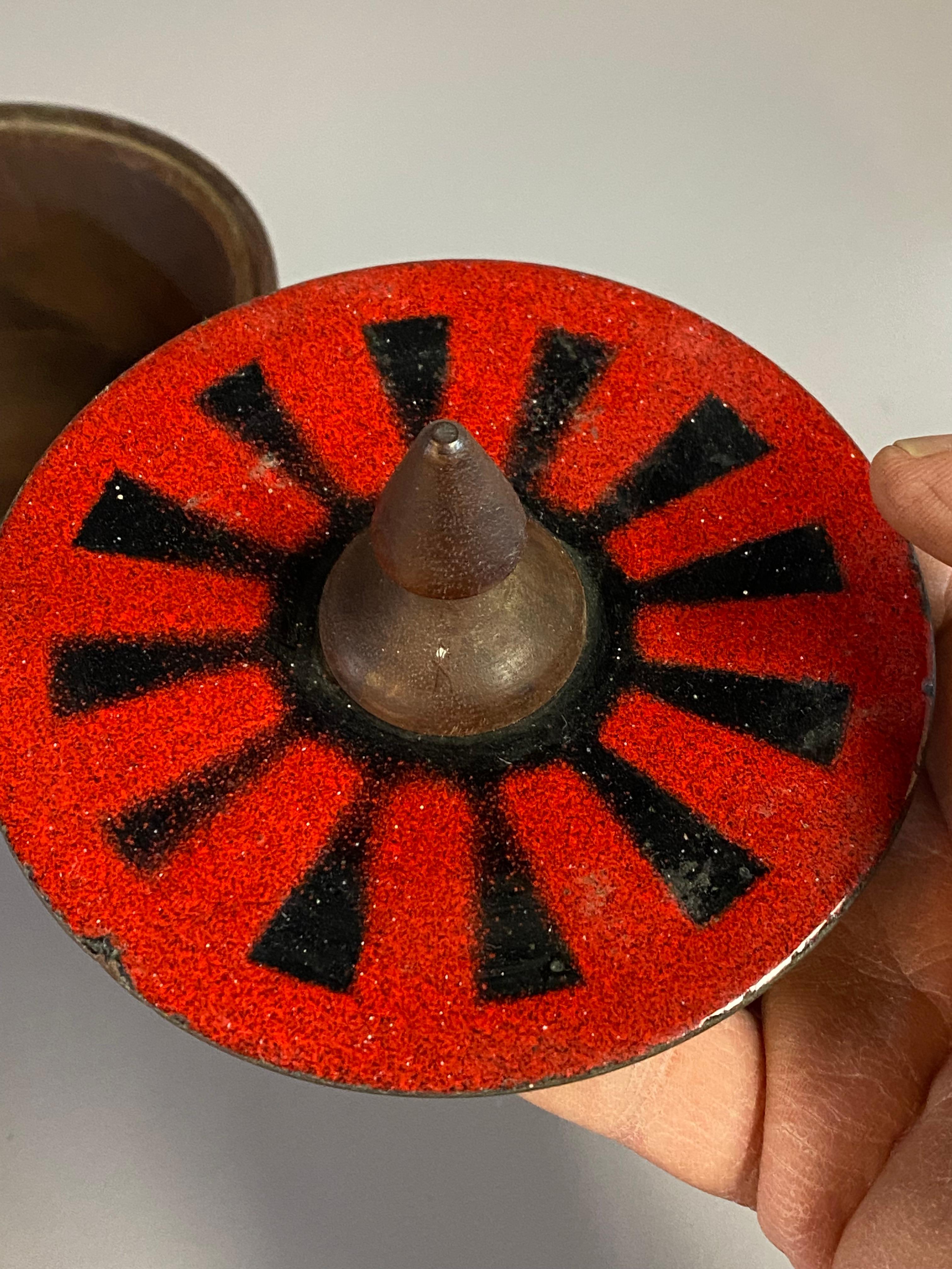 Copper Mid Century Modern Capital Enterprises Turned Walnut and Enameled Covered Vessel For Sale