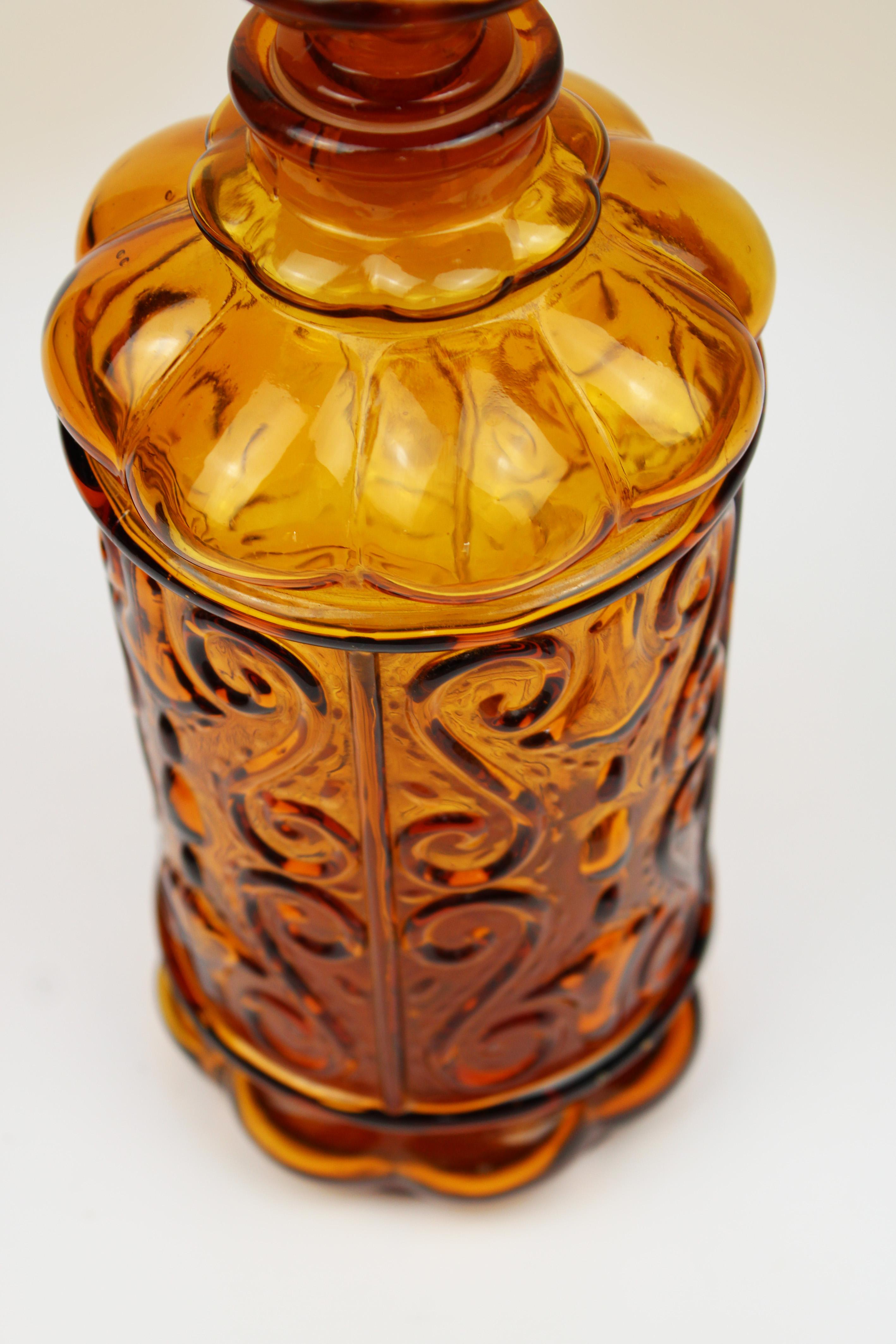 Mid Century Modern Carafe Amber embossed Glass Empoli Genie Decanter 1960 Italy For Sale 2
