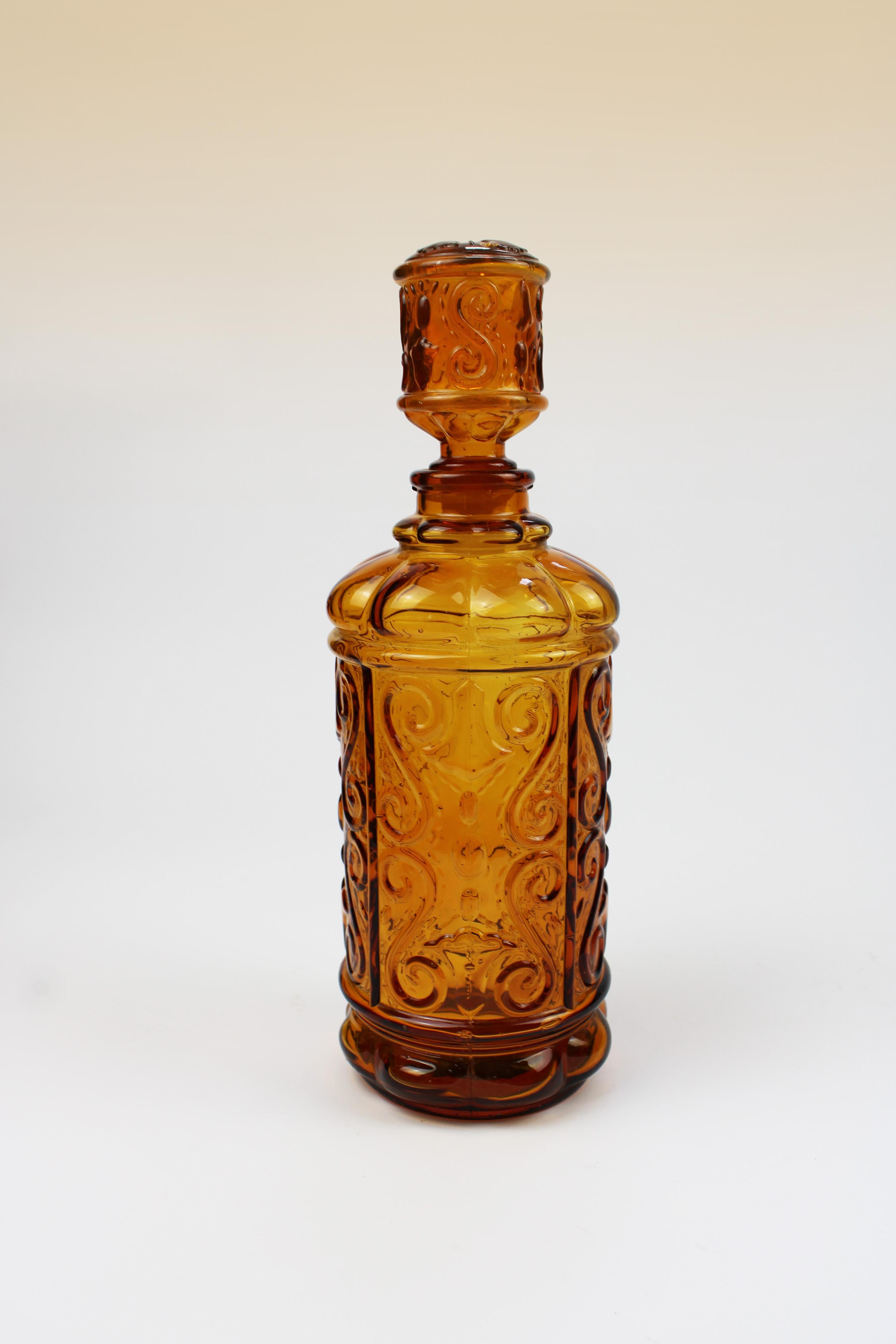 Mid-Century Modern Mid Century Modern Carafe Amber embossed Glass Empoli Genie Decanter 1960 Italy For Sale