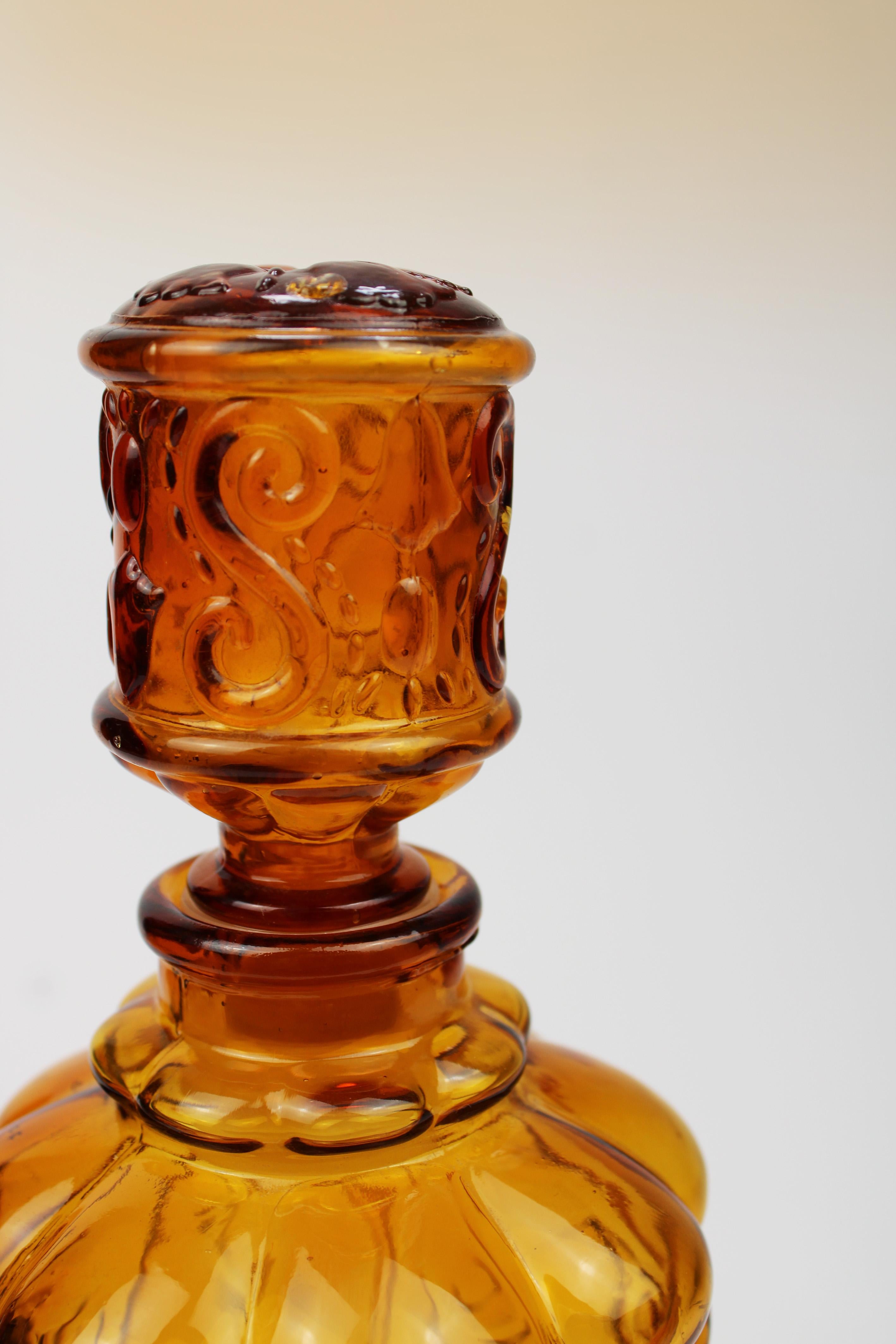 Embossed Mid Century Modern Carafe Amber embossed Glass Empoli Genie Decanter 1960 Italy For Sale