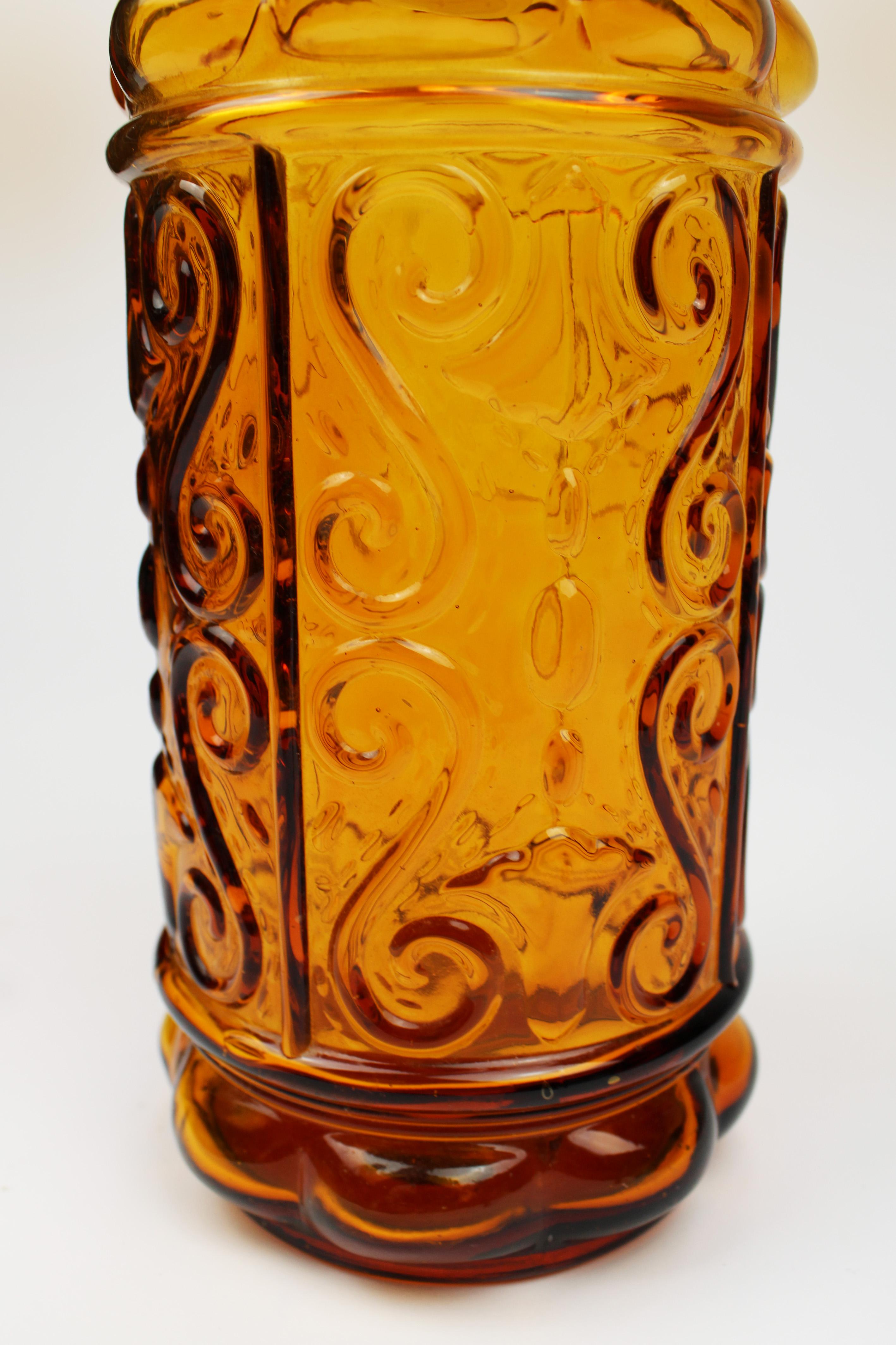 20th Century Mid Century Modern Carafe Amber embossed Glass Empoli Genie Decanter 1960 Italy For Sale