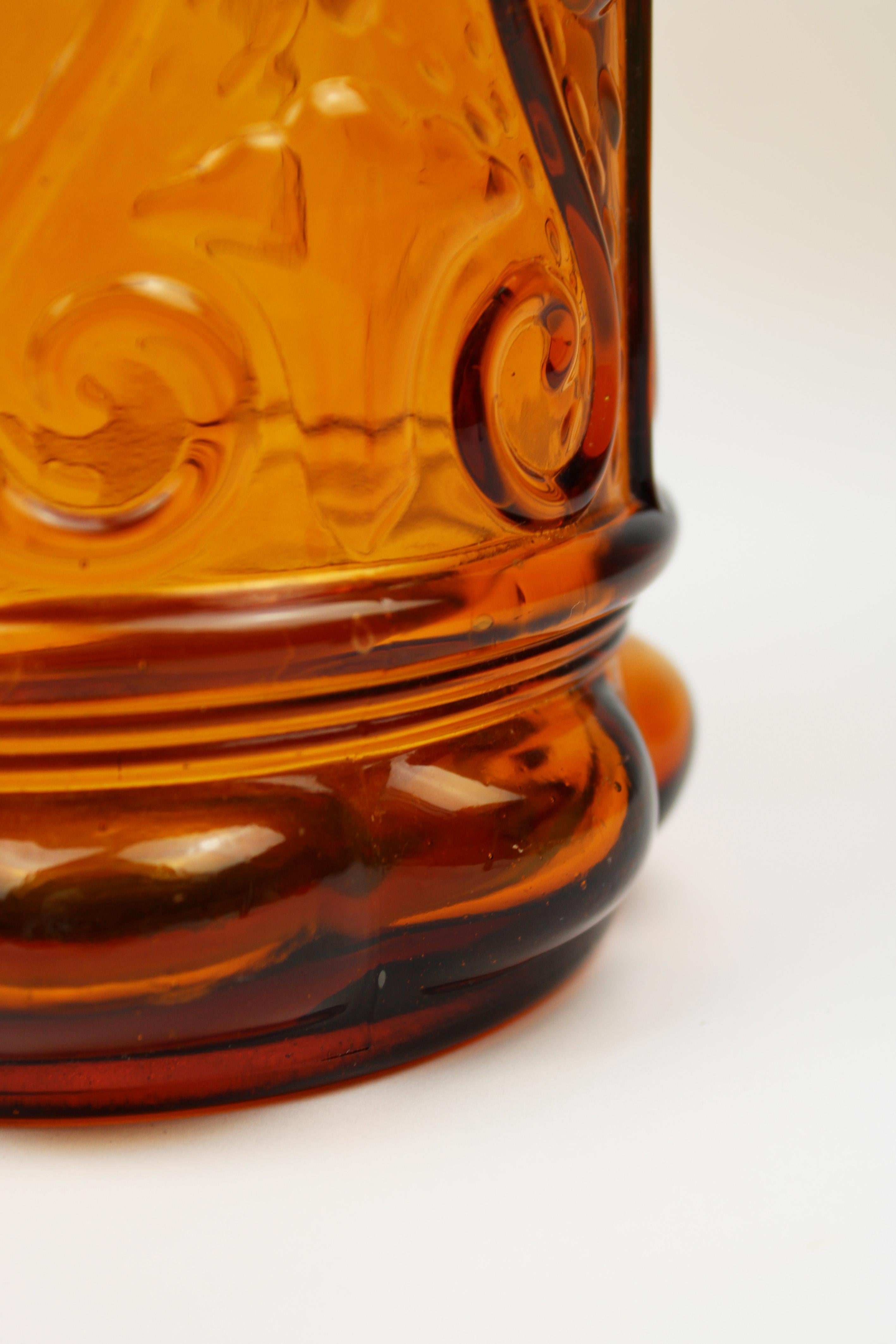 Art Glass Mid Century Modern Carafe Amber embossed Glass Empoli Genie Decanter 1960 Italy For Sale