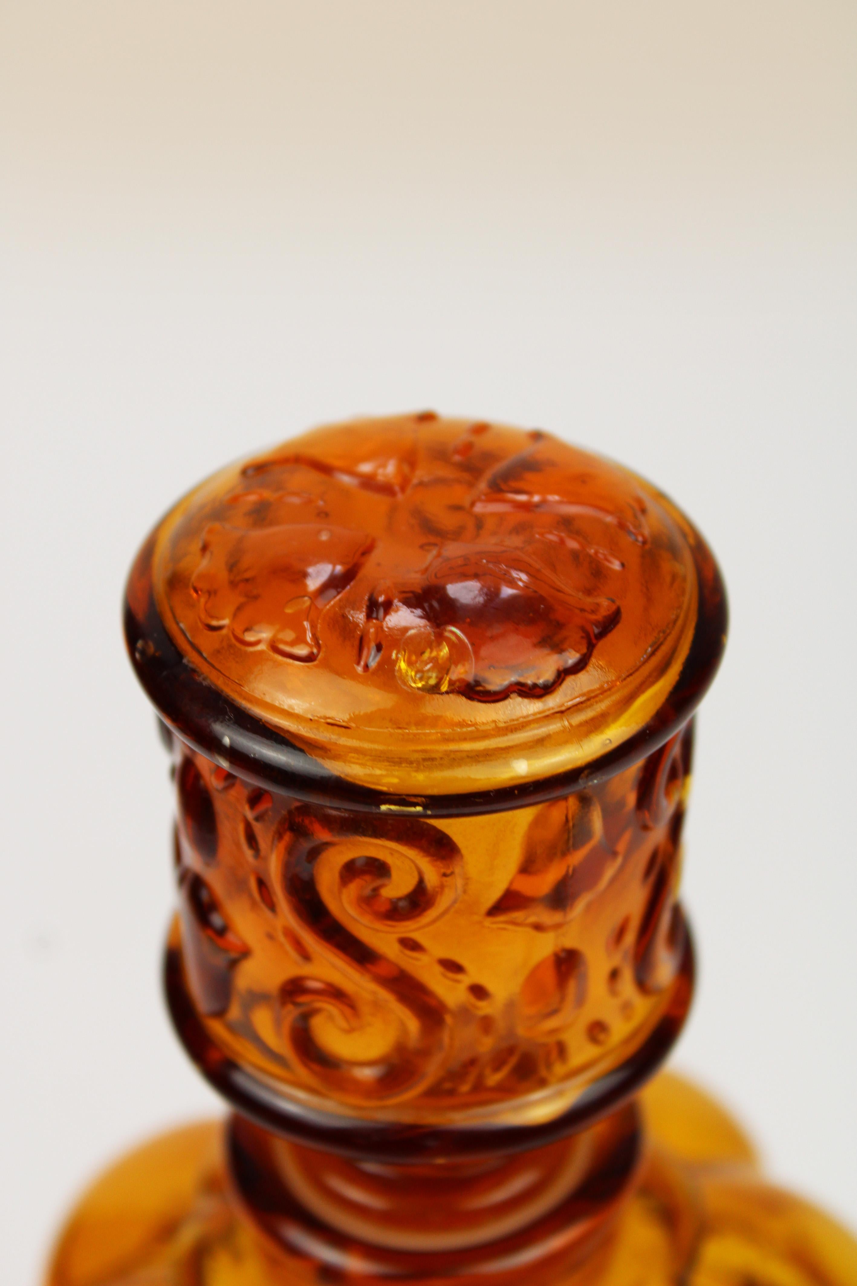 Mid Century Modern Carafe Amber embossed Glass Empoli Genie Decanter 1960 Italy For Sale 1