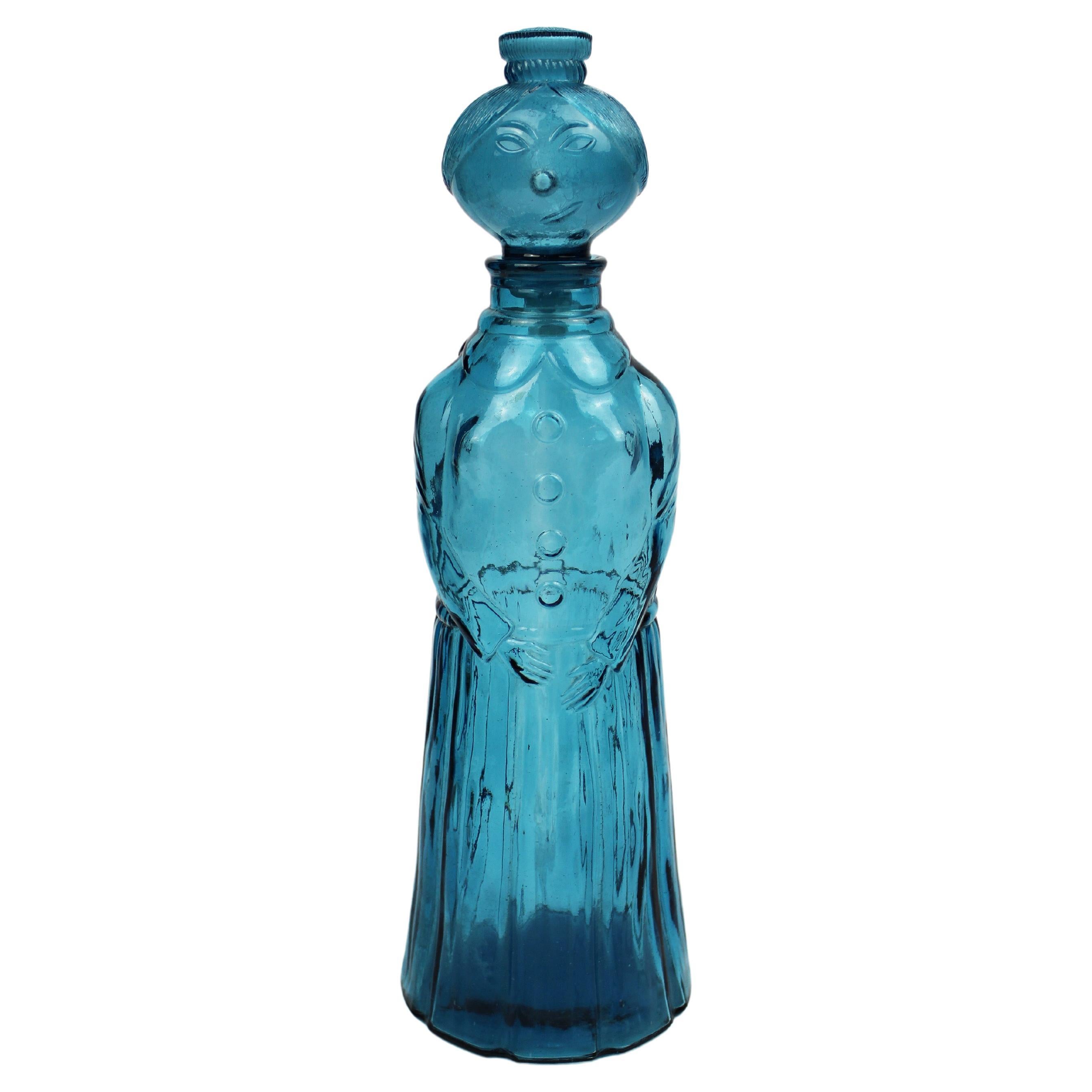 Mid Century Modern Carafe Blue embossed Glass Empoli Decanter Lady 1960's Italy