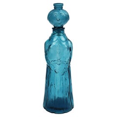 Vintage Mid Century Modern Carafe Blue embossed Glass Empoli Decanter Lady 1960's Italy