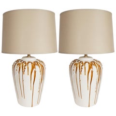 Mid-Century Modern Caramel Glazed Ceramic Table Lamps with Brass Fittings