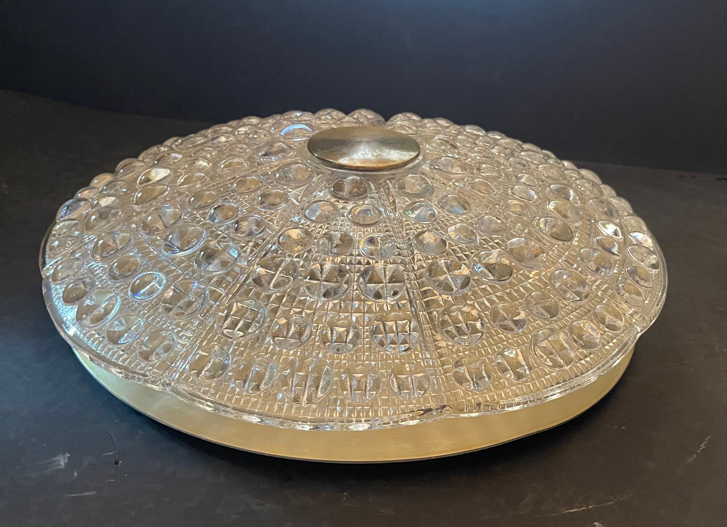 A Wonderful Pair Of Mid-Century Modern Carl Fagerlund Brass Glass Flush Mount Large Ceiling Fixtures
Each With 6 Candelabra Lights