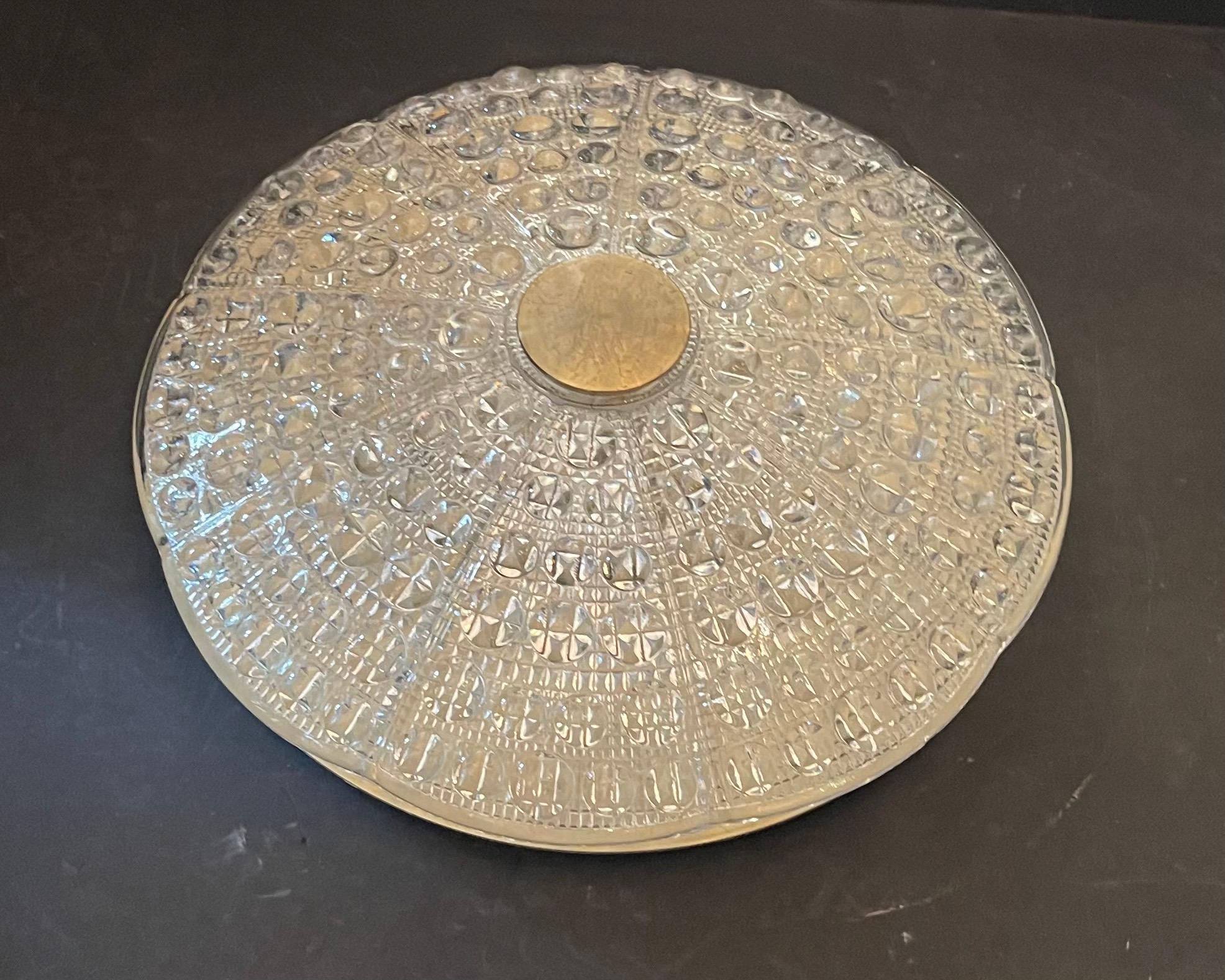 Mid-Century Modern Carl Fagerlund Brass Glass Flush Mount Large Pair Fixtures In Good Condition For Sale In Roslyn, NY
