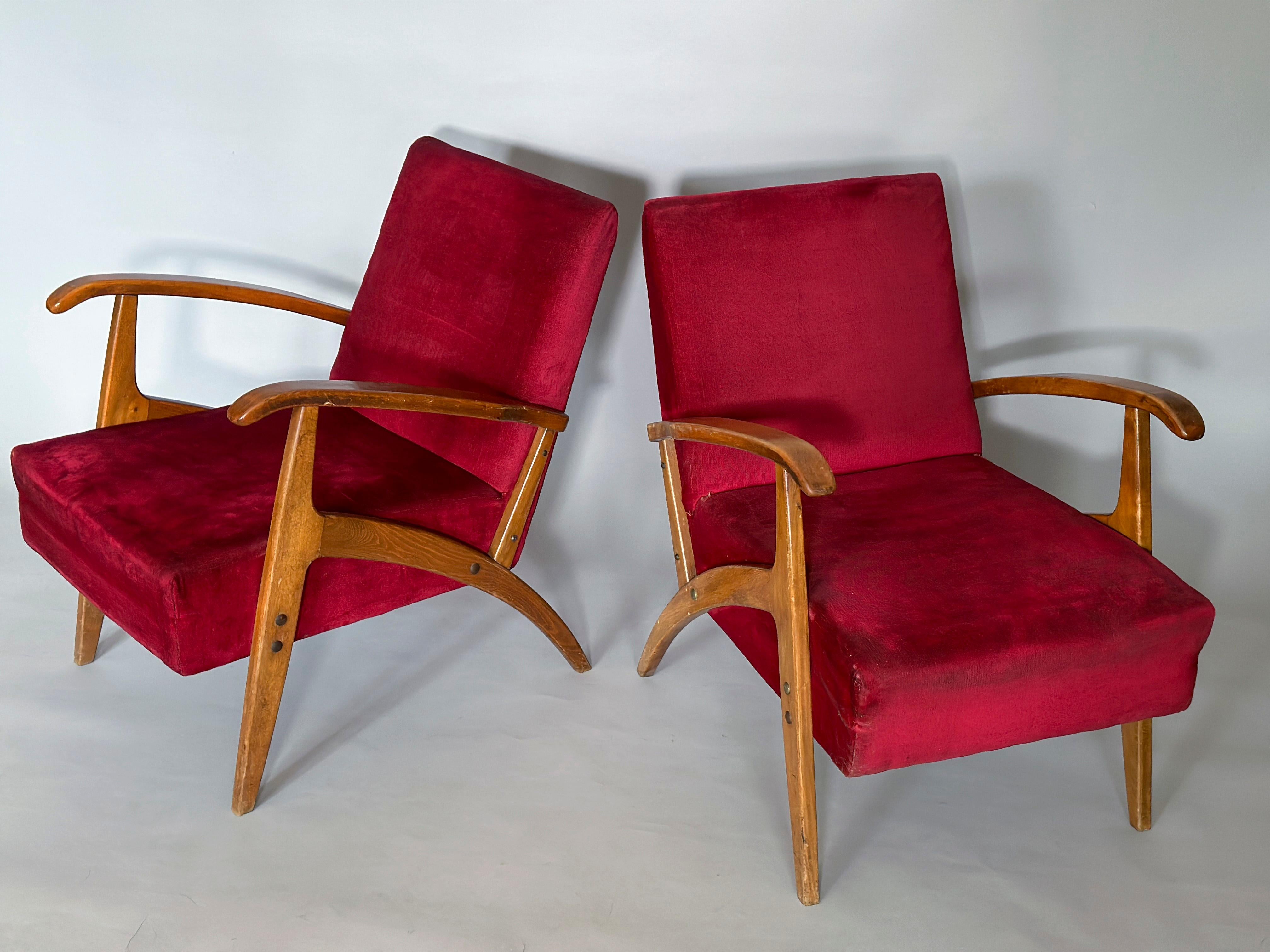 Set of two Mid-Century Modern in style of Carlo Mollino armchairs in original condition, Italy, circa 1955.