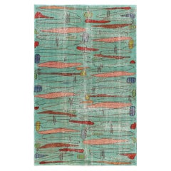 Mid-Century Modern Carpet in Light Teal Background for Modern Interiors