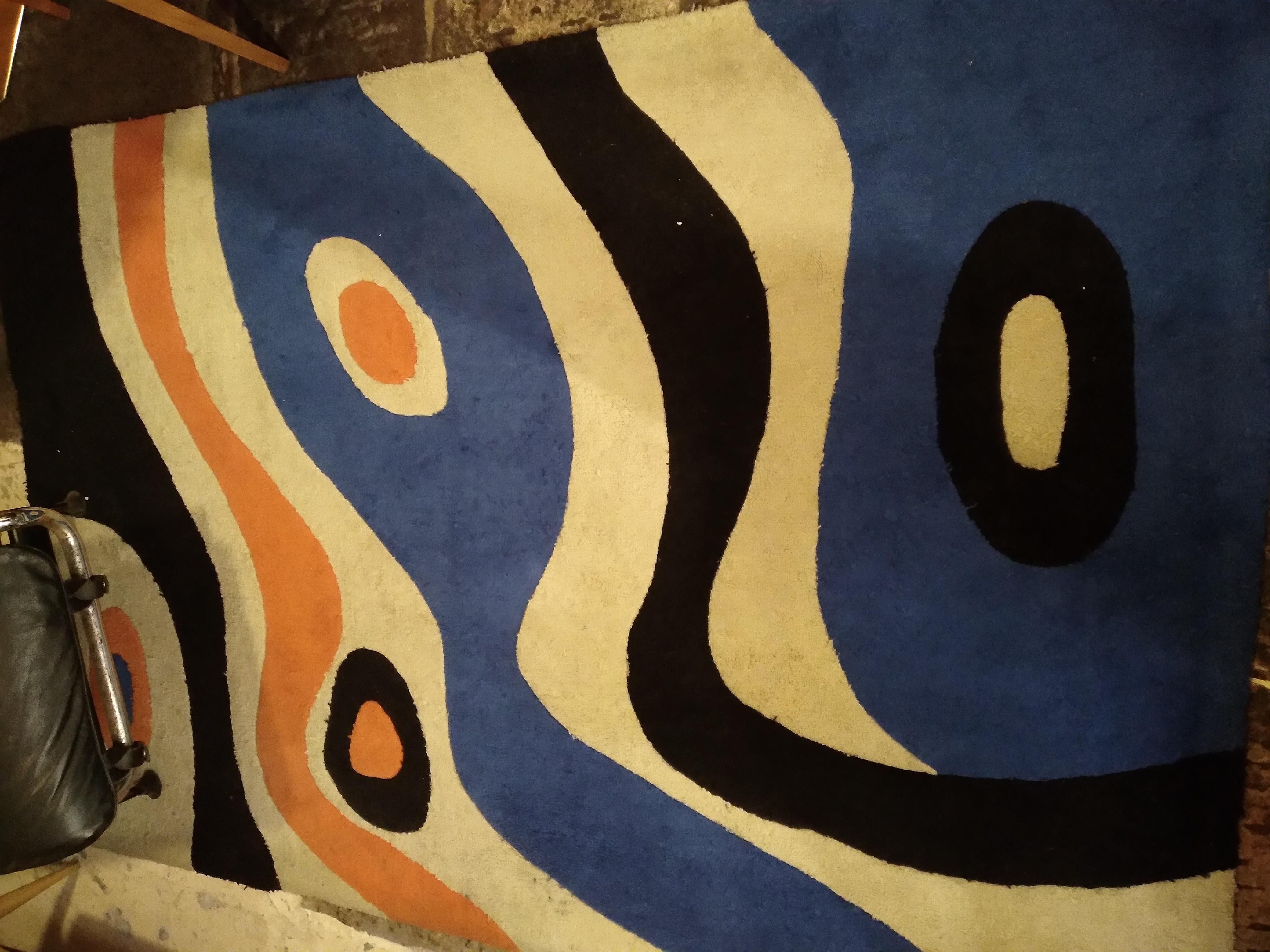 Moderner Teppich aus der Jahrhundertmitte mit geometrischem Wollmuster, in leuchtenden Farben.