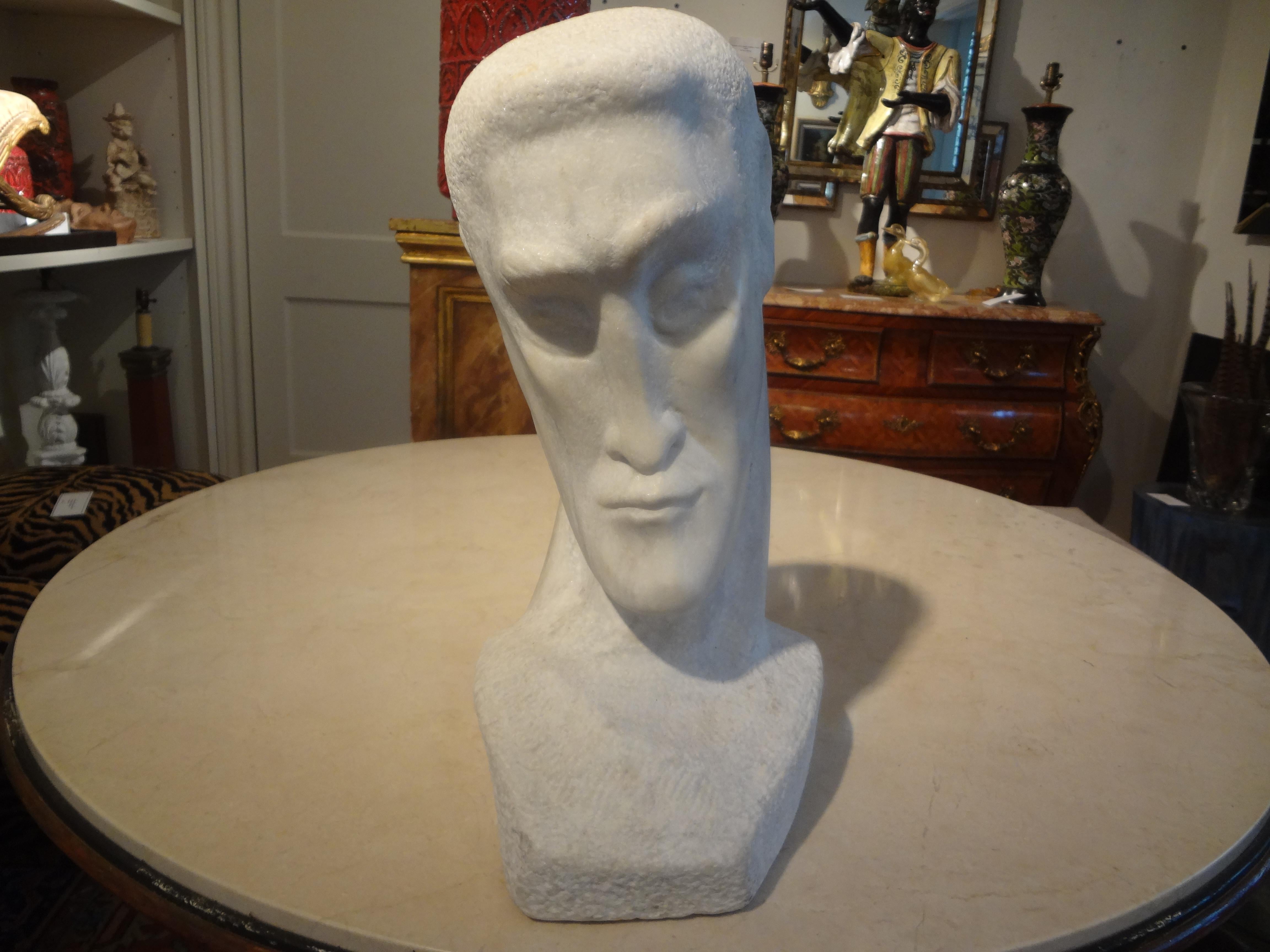 Mid-Century Modern Carrara marble bust
Mid-Century Modern Carrara marble bust. This unusual marble bust sculpture depicts a male figure with an elongated head. Signed Tarr 1952 on the bottom.
Expertly carved! Piece of Mid-Century Modern Art!