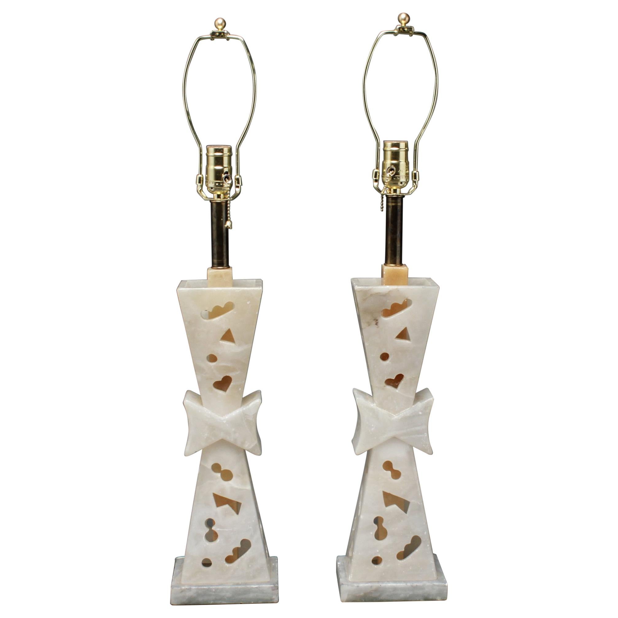 Mid-Century Modern Carved Alabaster Lamps in James Mont Style