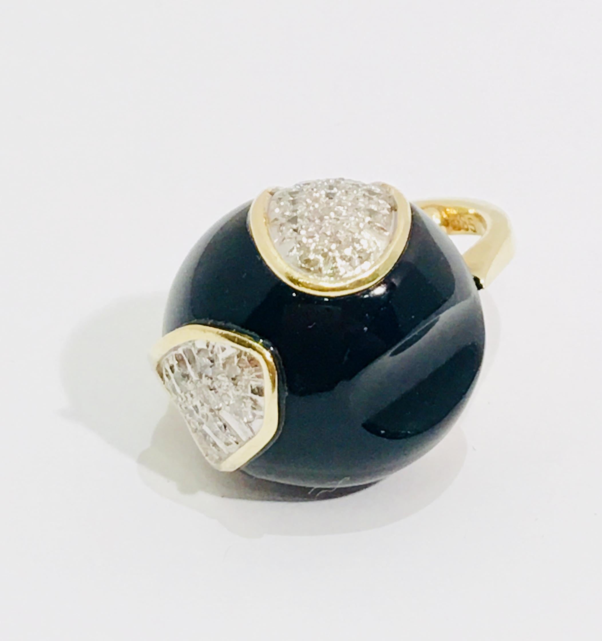 Round Cut Mid-Century Modern Carved Black Onyx Diamond Pave and White Gold Dome Ring