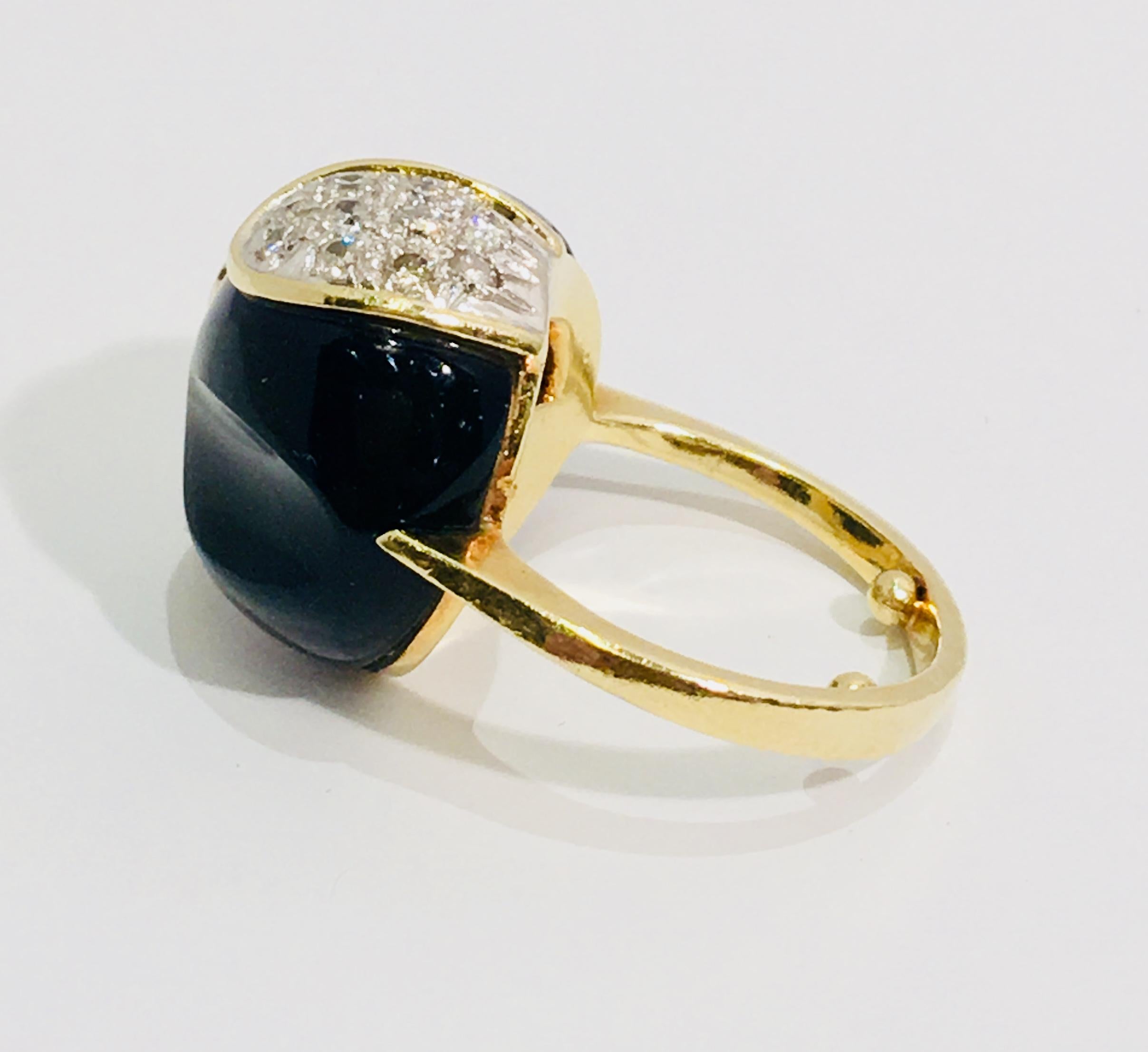 Women's Mid-Century Modern Carved Black Onyx Diamond Pave and White Gold Dome Ring