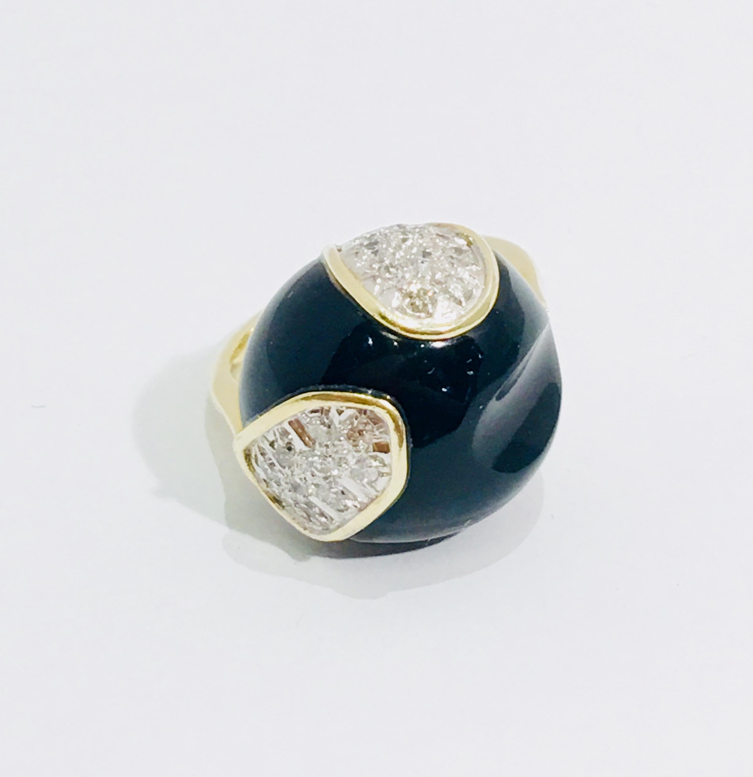 Mid-Century Modern Carved Black Onyx Diamond Pave and White Gold Dome Ring 1