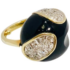 Mid-Century Modern Carved Black Onyx Diamond Pave and White Gold Dome Ring