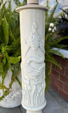 Mid Century Modern Carved Dragon White Lacquer Floor Lamp W Orange Shade