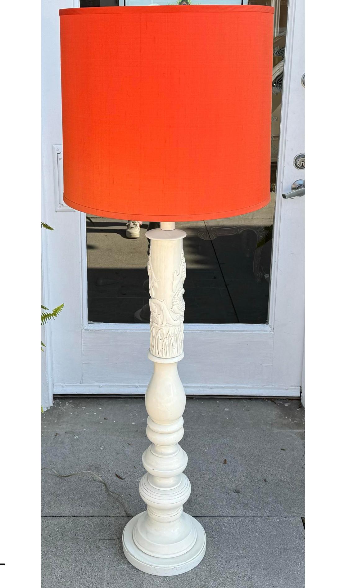 Chinese Mid Century Modern Carved Dragon White Lacquer Floor Lamp W Orange Shade For Sale