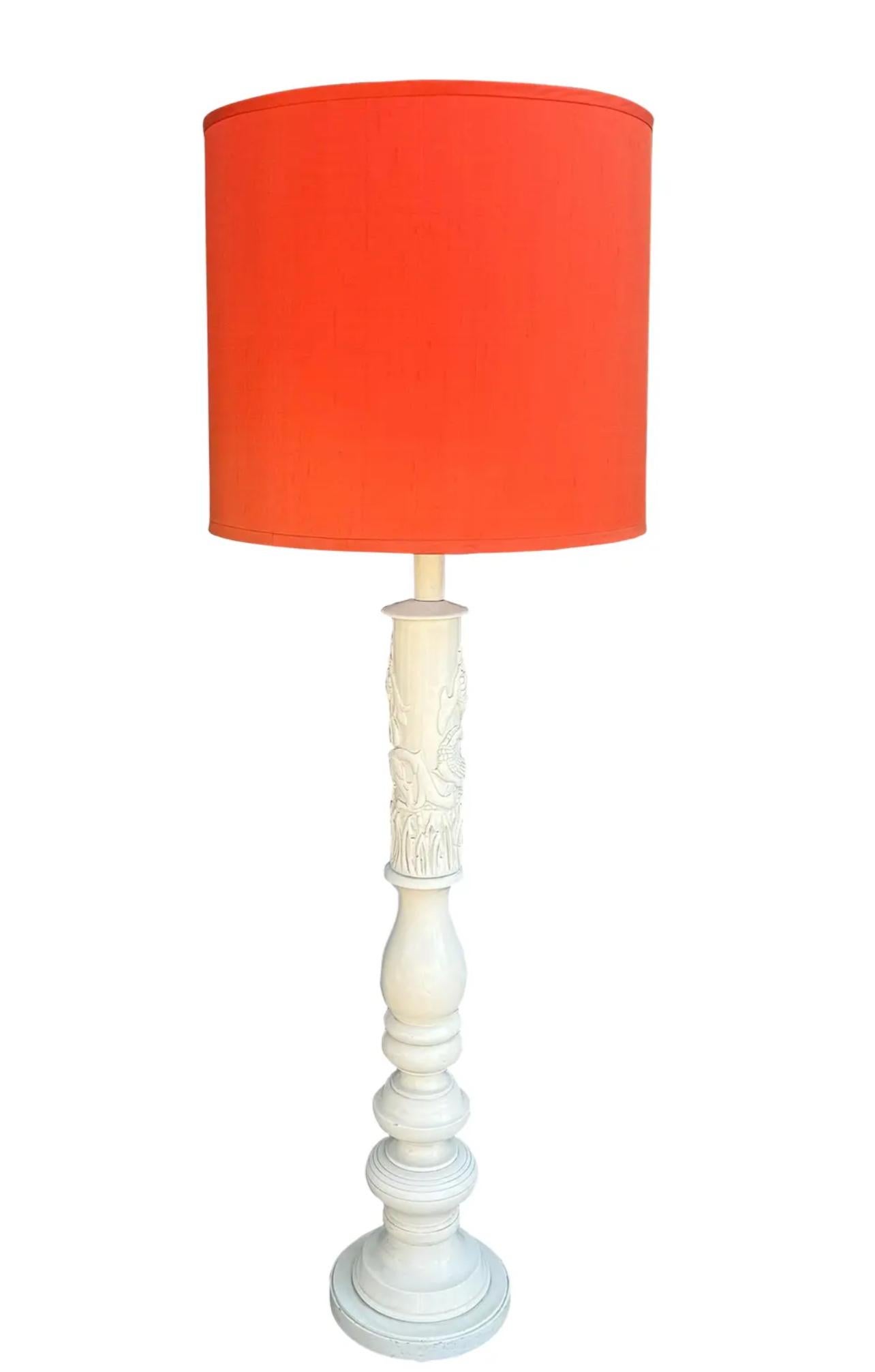 Chinese Mid Century Modern Carved Dragon White Lacquer Floor Lamp W Orange Shade For Sale
