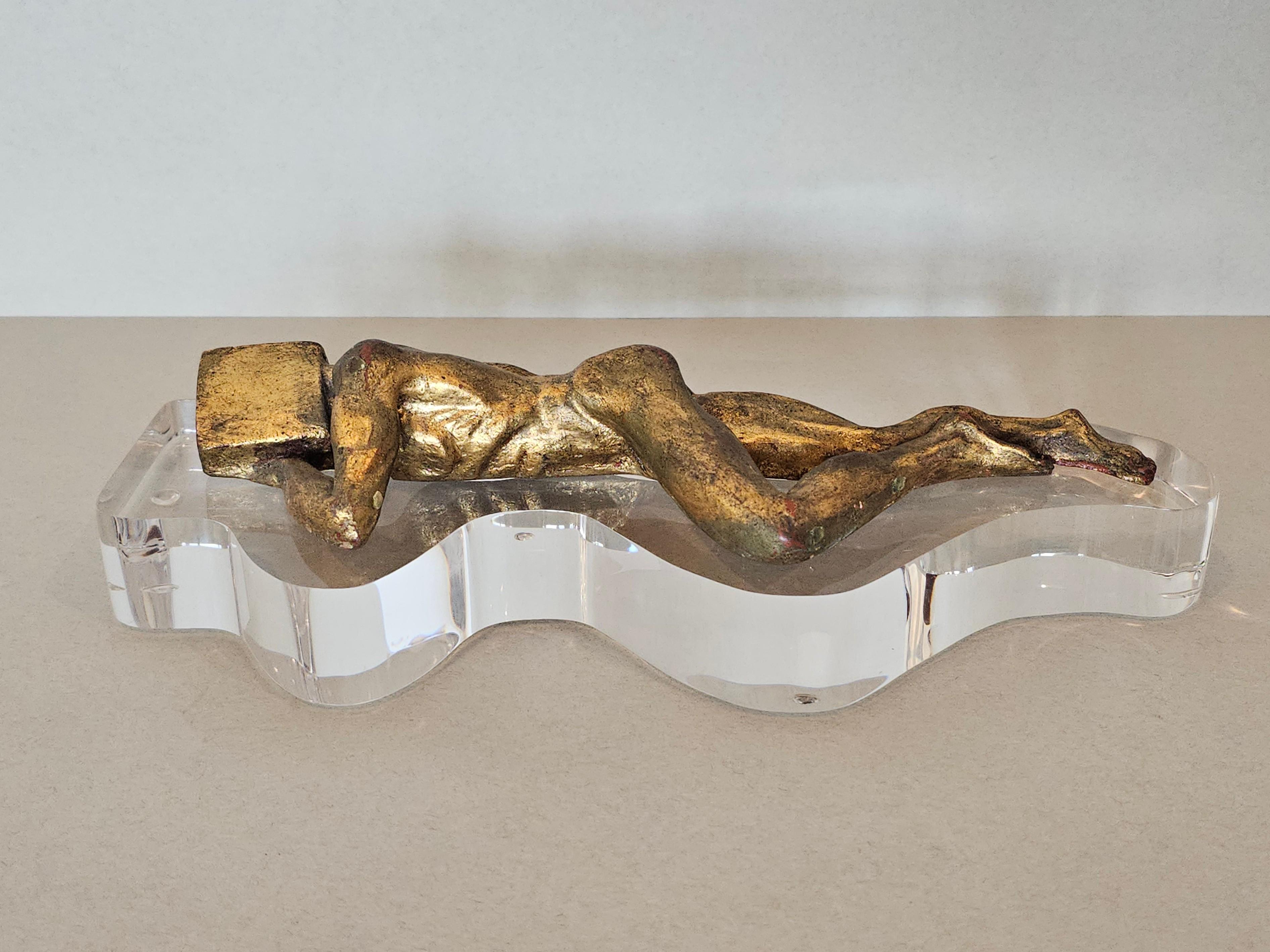 Mid-Century Modern Carved Giltwood Figure on Lucite Sculpture For Sale 4