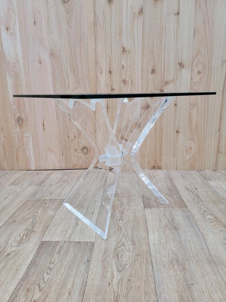 Hand-Crafted Mid-Century Modern Carved Lucite Butterfly Base Square Glass Top Accent Table For Sale