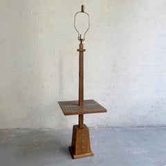 Mid-Century Modern Carved Oak and Ceramic Floor Lamp with Table