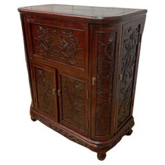 Mid Century Modern Carved Ornate Chinese Rosewood Flip Top Dry Bar / Cabinet