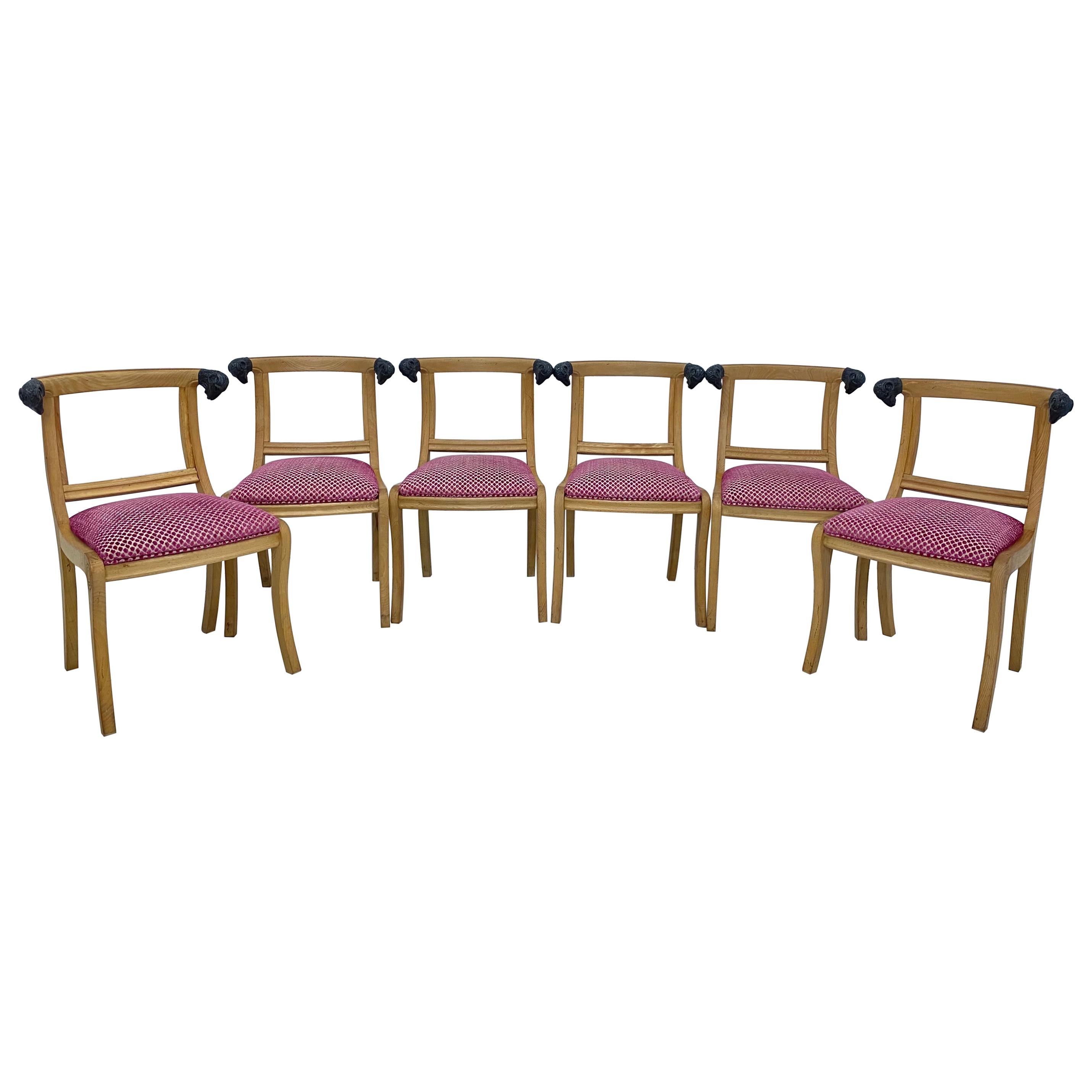 Mid-Century Modern Carved Wood Dining Chairs with Rams Head Accents, Set of Six