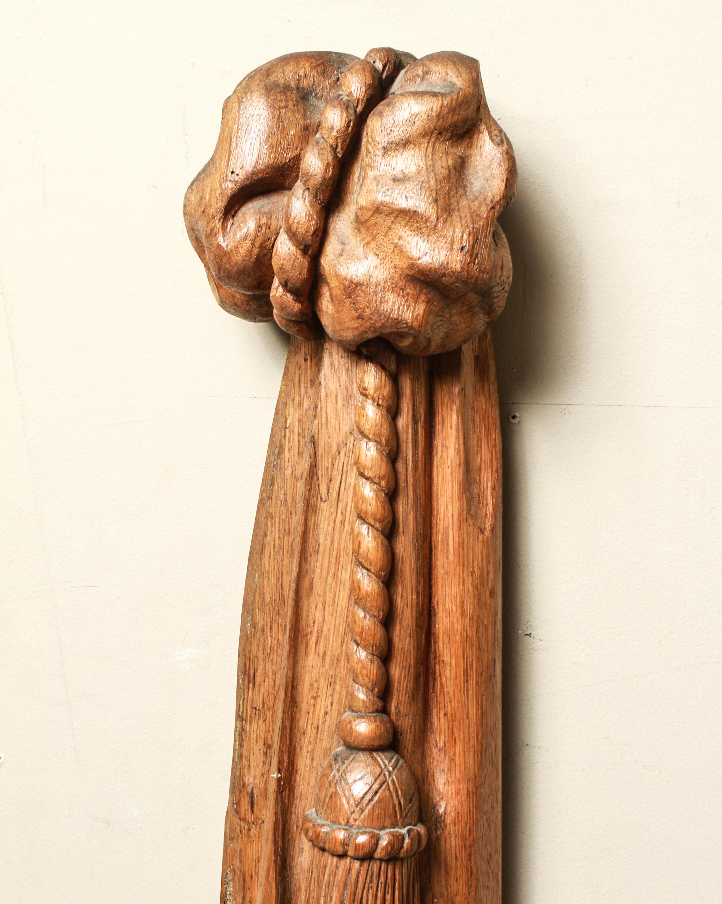Hand-Carved Mid-Century Modern Carved Wood Drapery Swag and Tassel Wall Sculpture For Sale