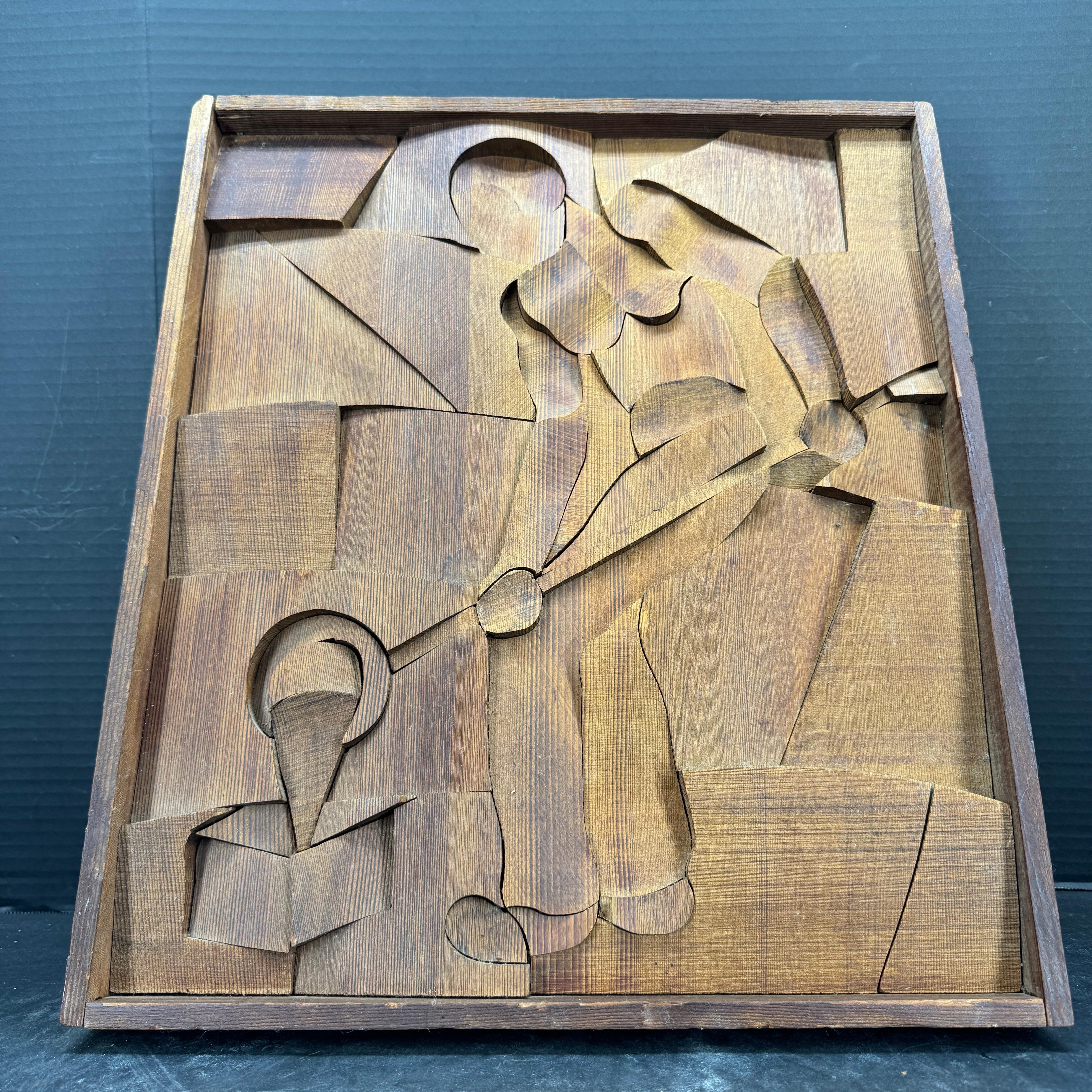Mid-Century Modern Mid-Century Carved Wood Artwork Panel of Glassblower Wall Art For Sale
