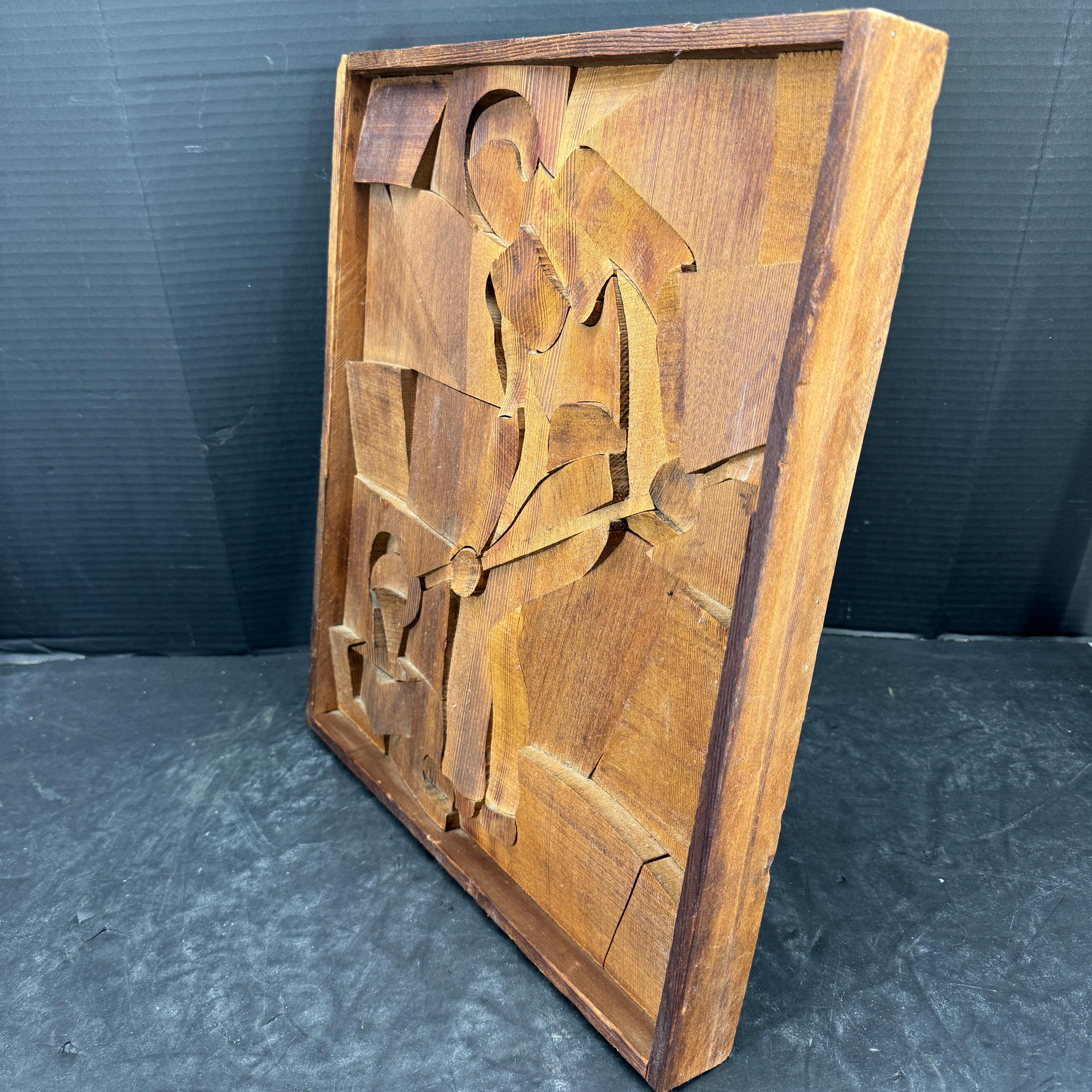 American Mid-Century Carved Wood Artwork Panel of Glassblower Wall Art For Sale